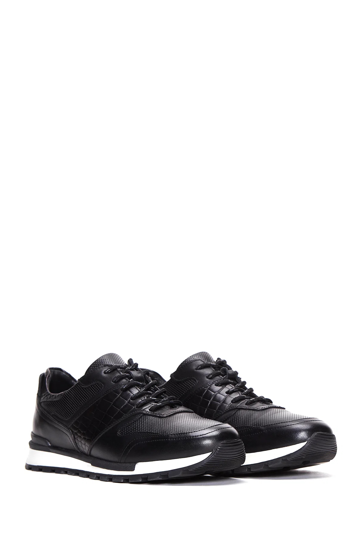 Erkek Siyah Bağcıklı Deri Casual Sneaker - Image 3