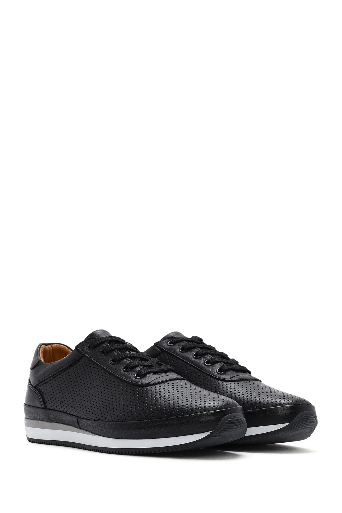 Erkek Siyah Bağcıklı Deri Casual Sneaker - Image 3
