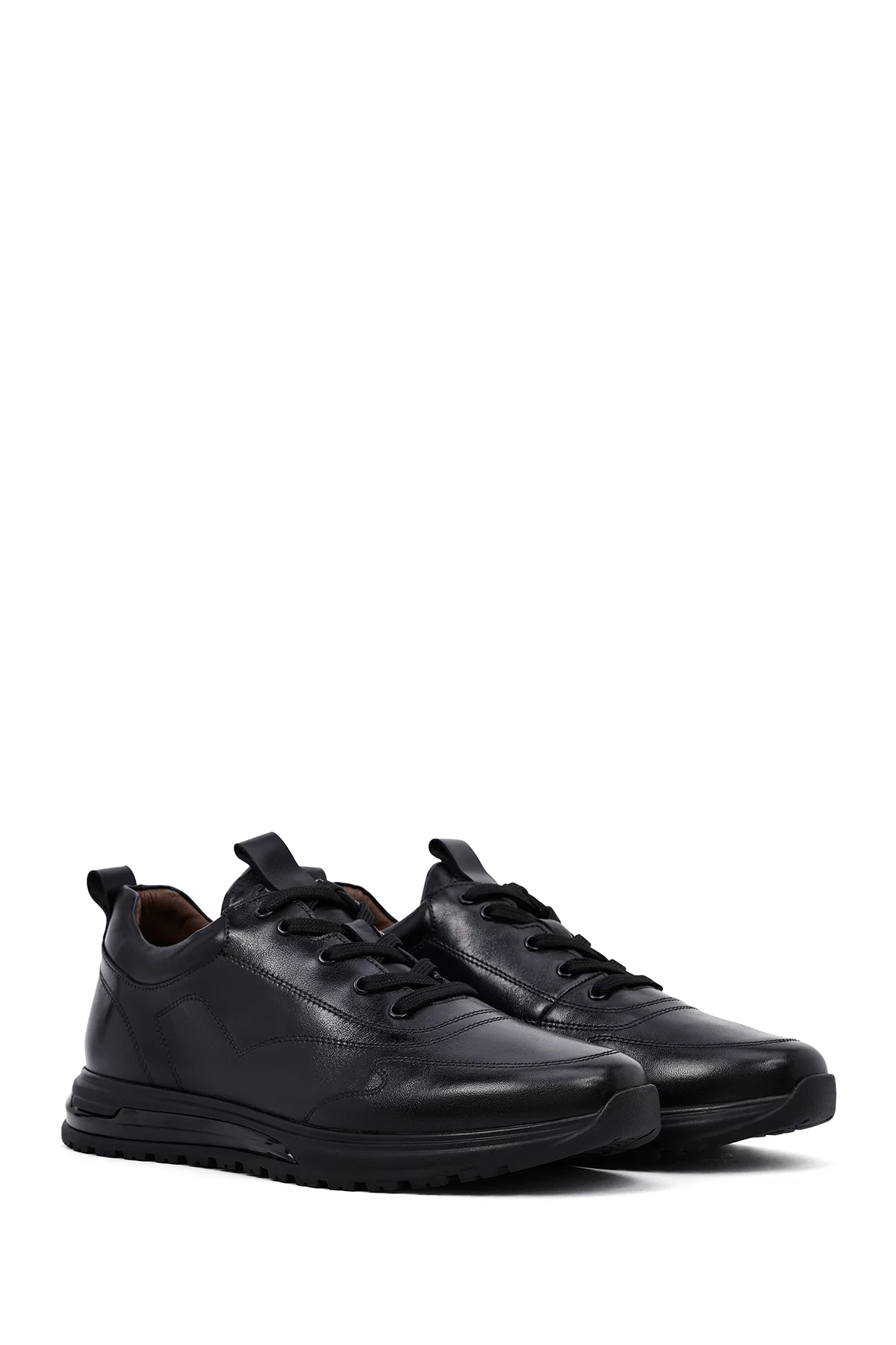 Erkek Siyah Bağcıklı Deri Casual Sneaker - Image 3