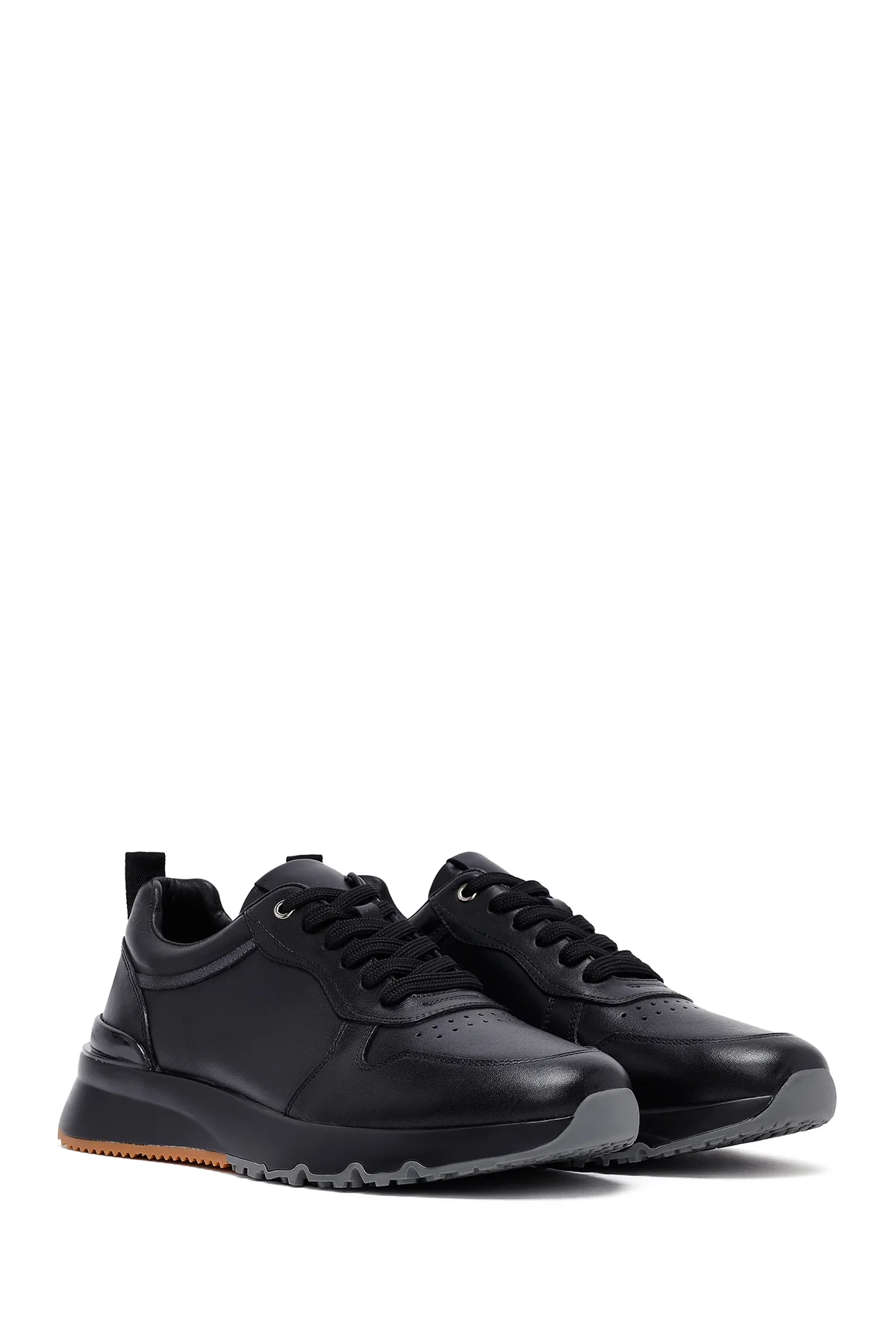 Erkek Siyah Bağcıklı Deri Casual Sneaker - Image 3