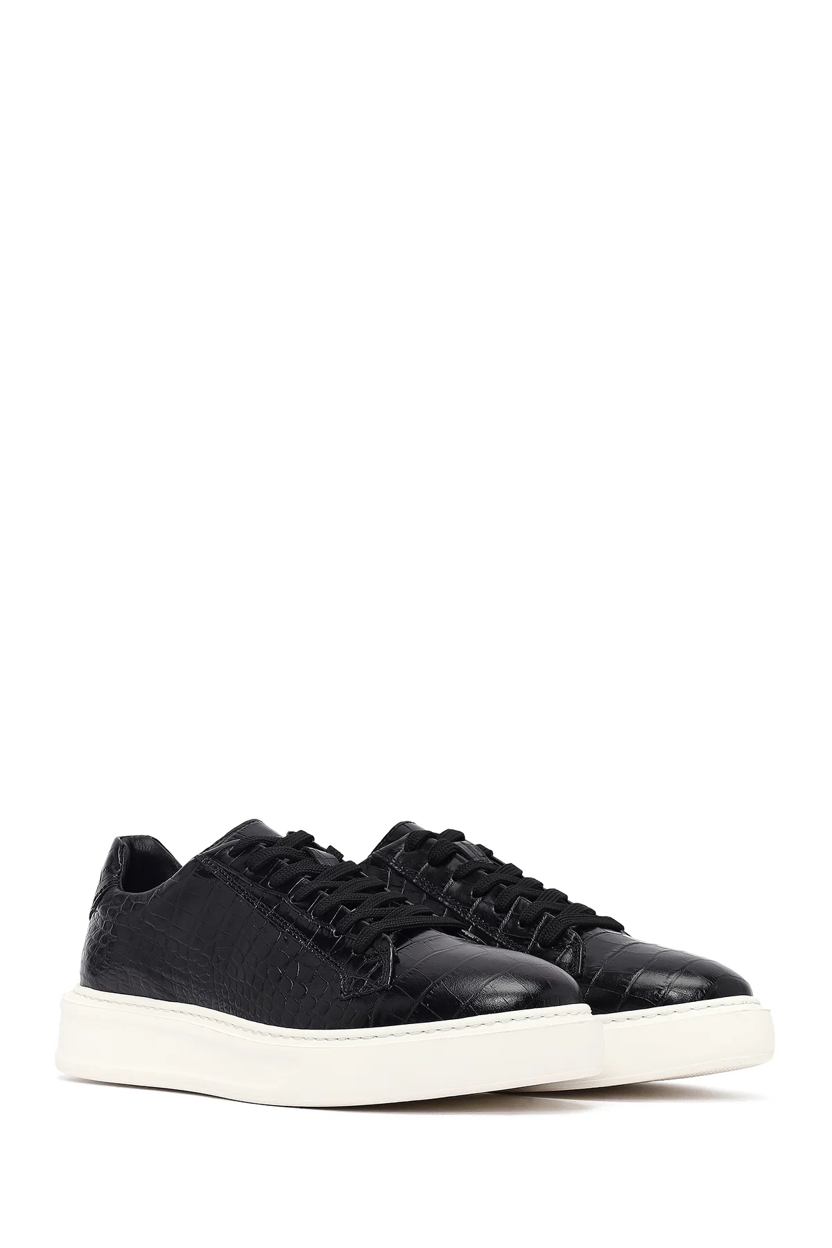 Erkek Siyah Kroko Bağcıklı Deri Sneaker - Image 3