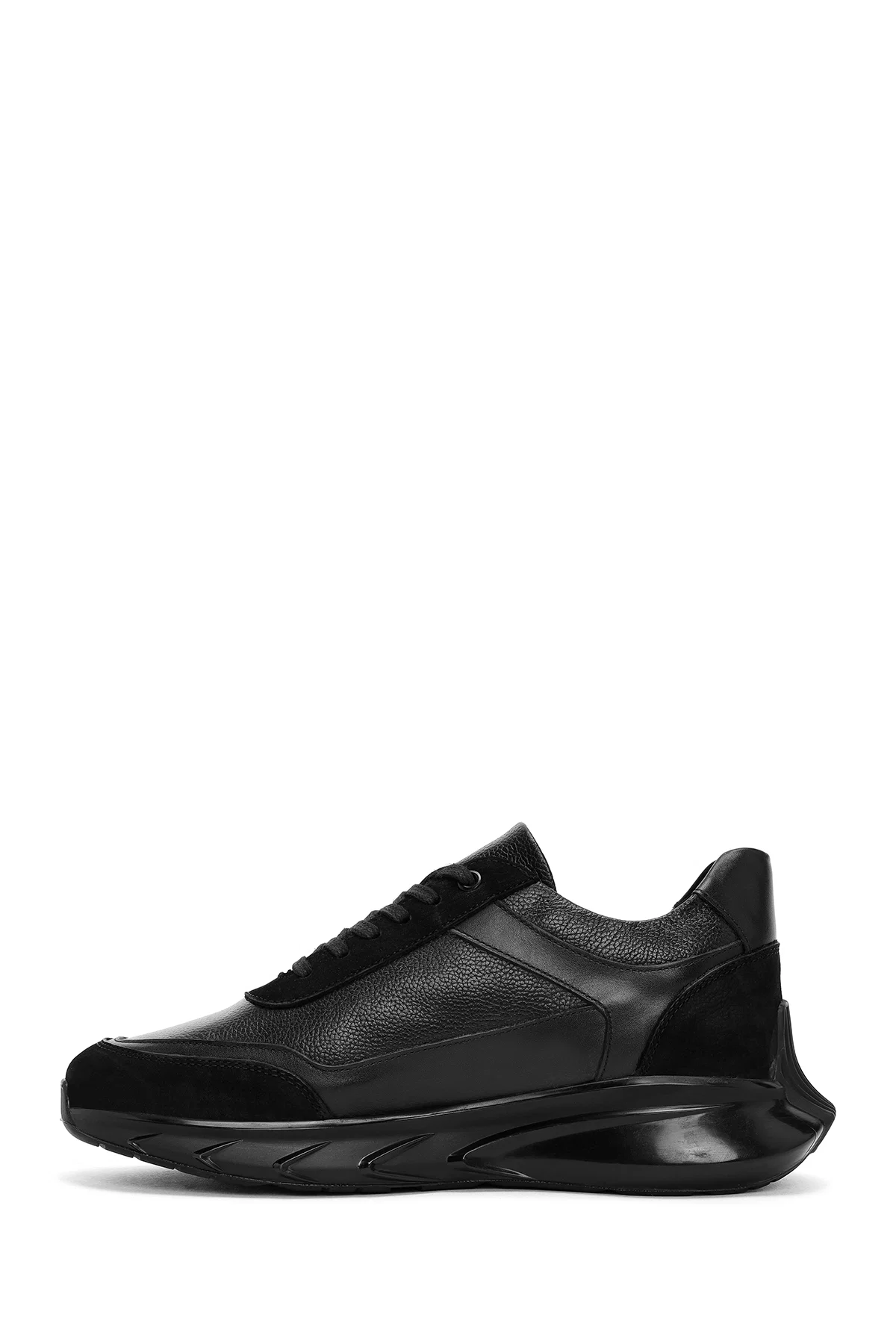 Erkek Siyah Bağcıklı Kalın Tabanlı Deri Casual Sneaker - Image 2