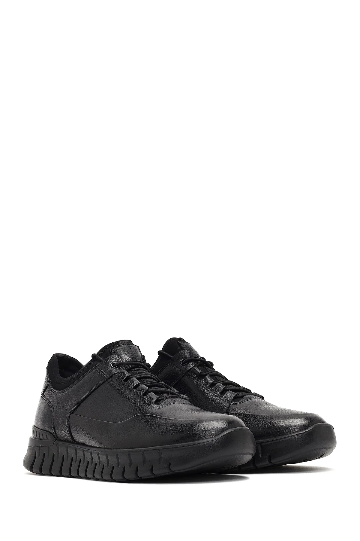 Erkek Siyah Bağcıklı Kalın Tabanlı Deri Casual Sneaker - Image 3