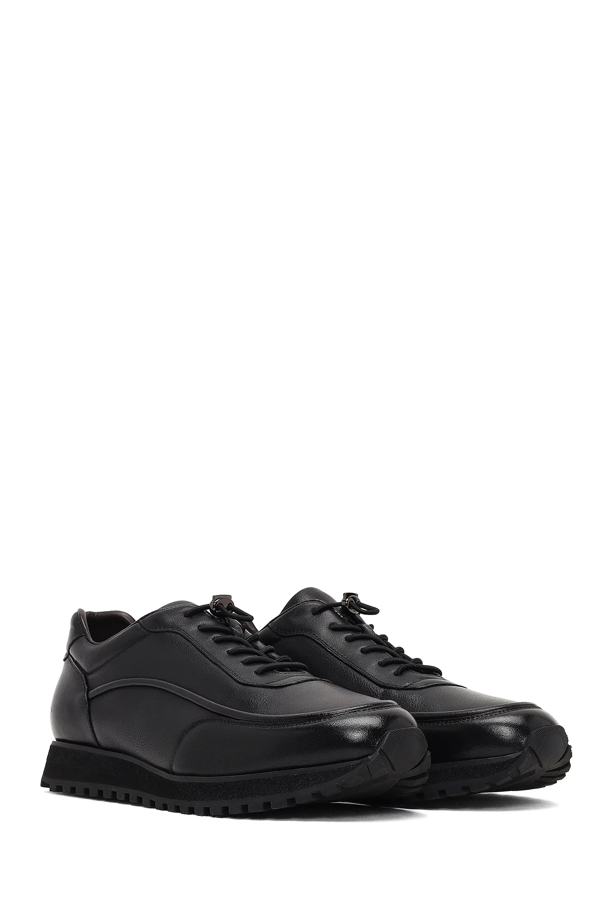 Erkek Siyah Bağcıklı Kalın Tabanlı Deri Casual Sneaker - Image 3
