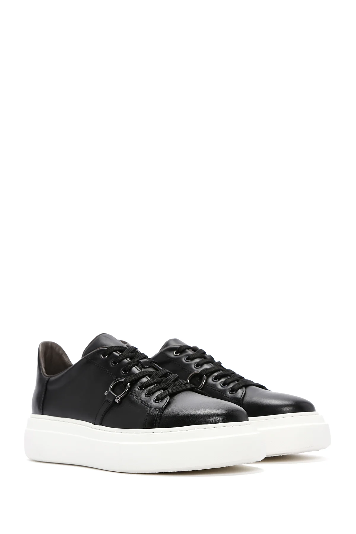 Erkek Siyah Bağcıklı Kalın Tabanlı Deri Sneaker - Image 3
