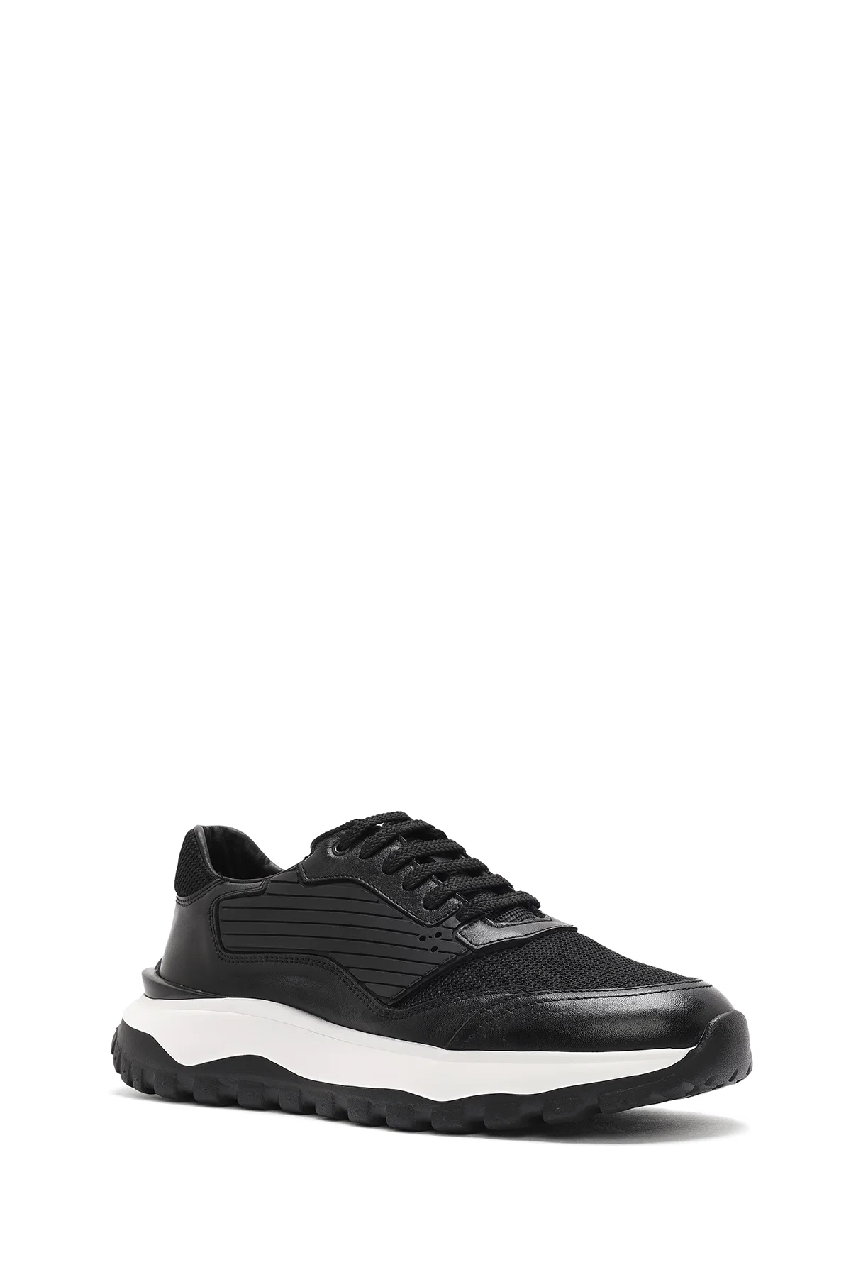Erkek Siyah Bağcıklı Kalın Tabanlı Deri Sneaker - Image 6