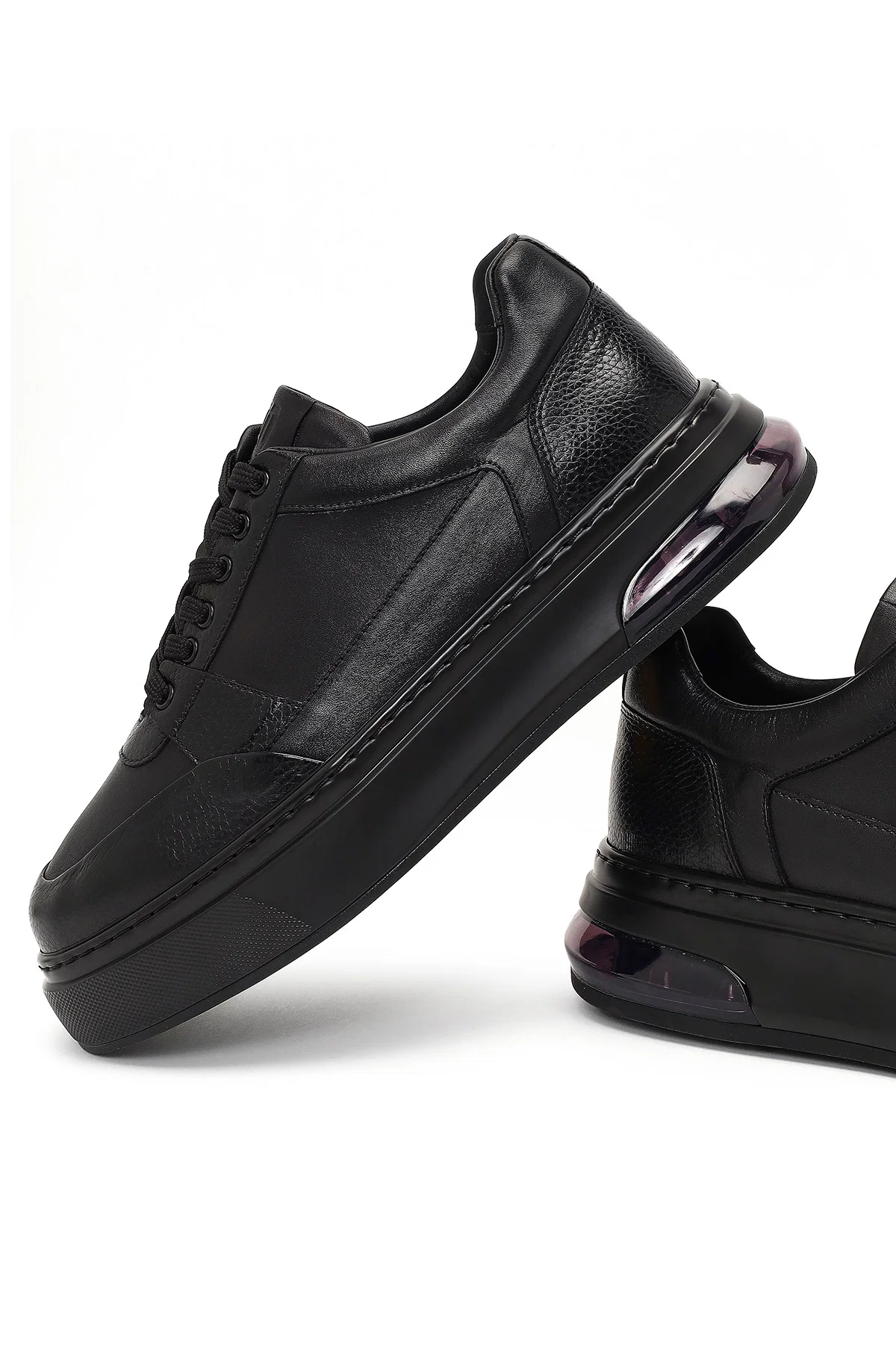 Erkek Siyah Bağcıklı Kalın Tabanlı Deri Sneaker - Image 10