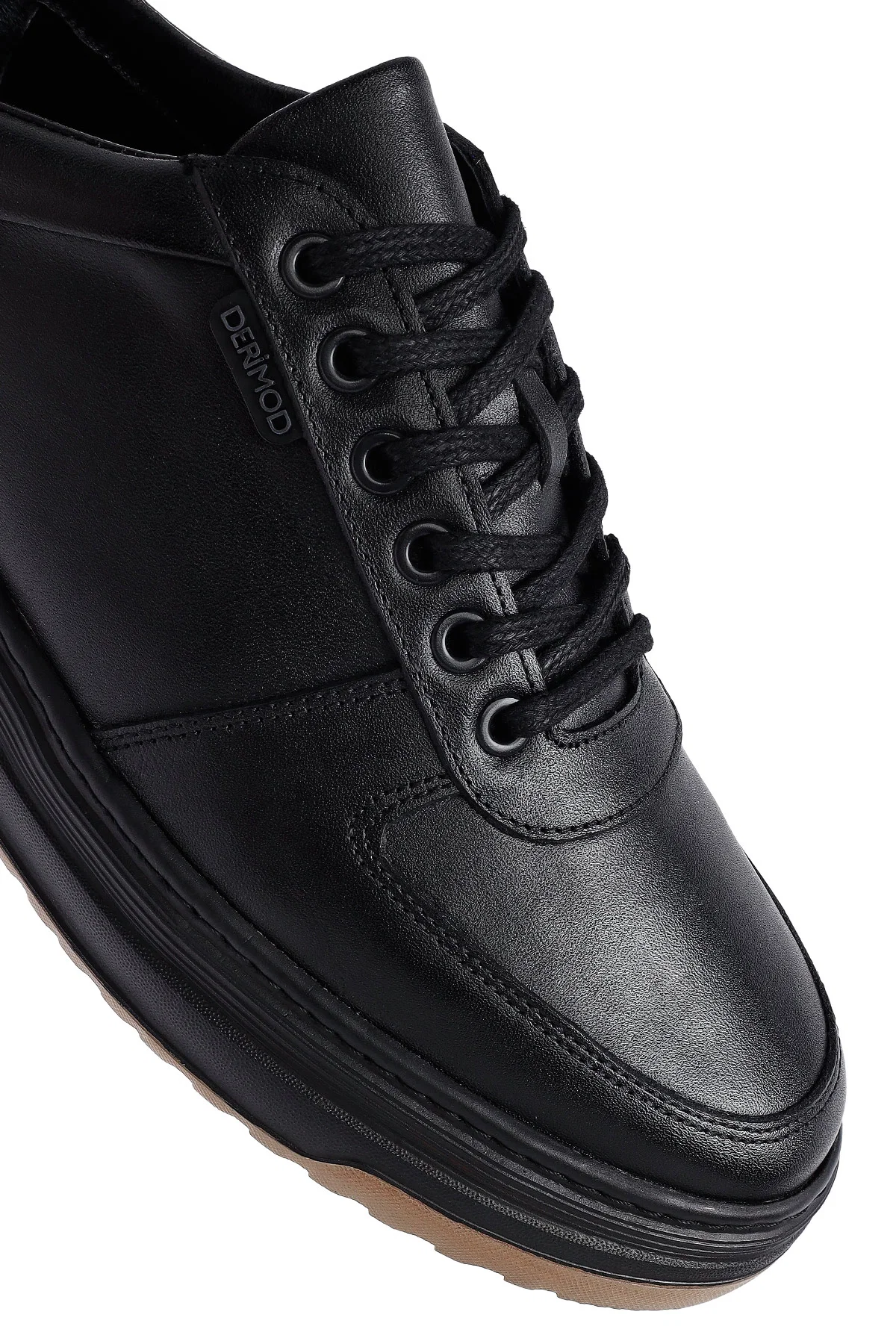 Erkek Siyah Bağcıklı Kalın Tabanlı Deri Sneaker - Image 9