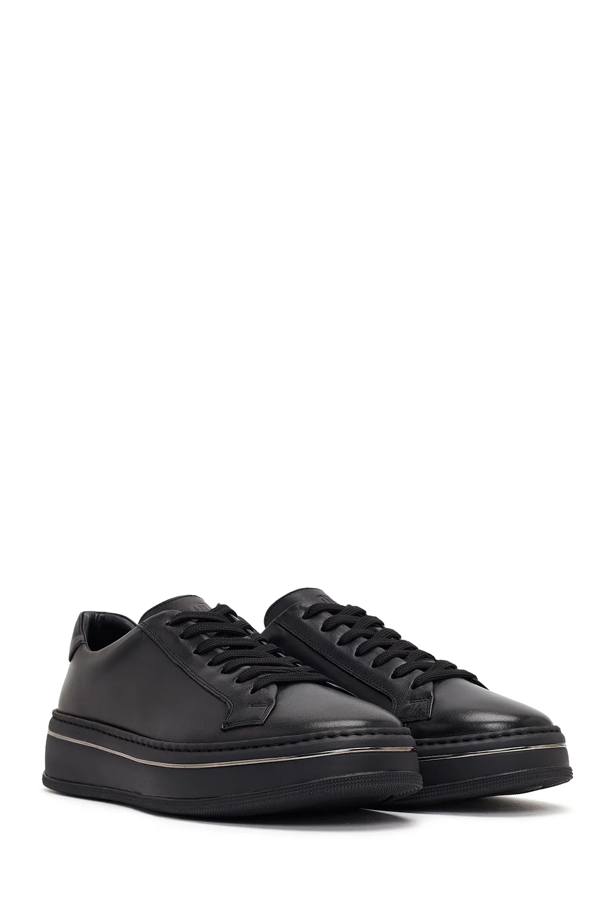Erkek Siyah Bağcıklı Kalın Tabanlı Deri Sneaker - Image 2