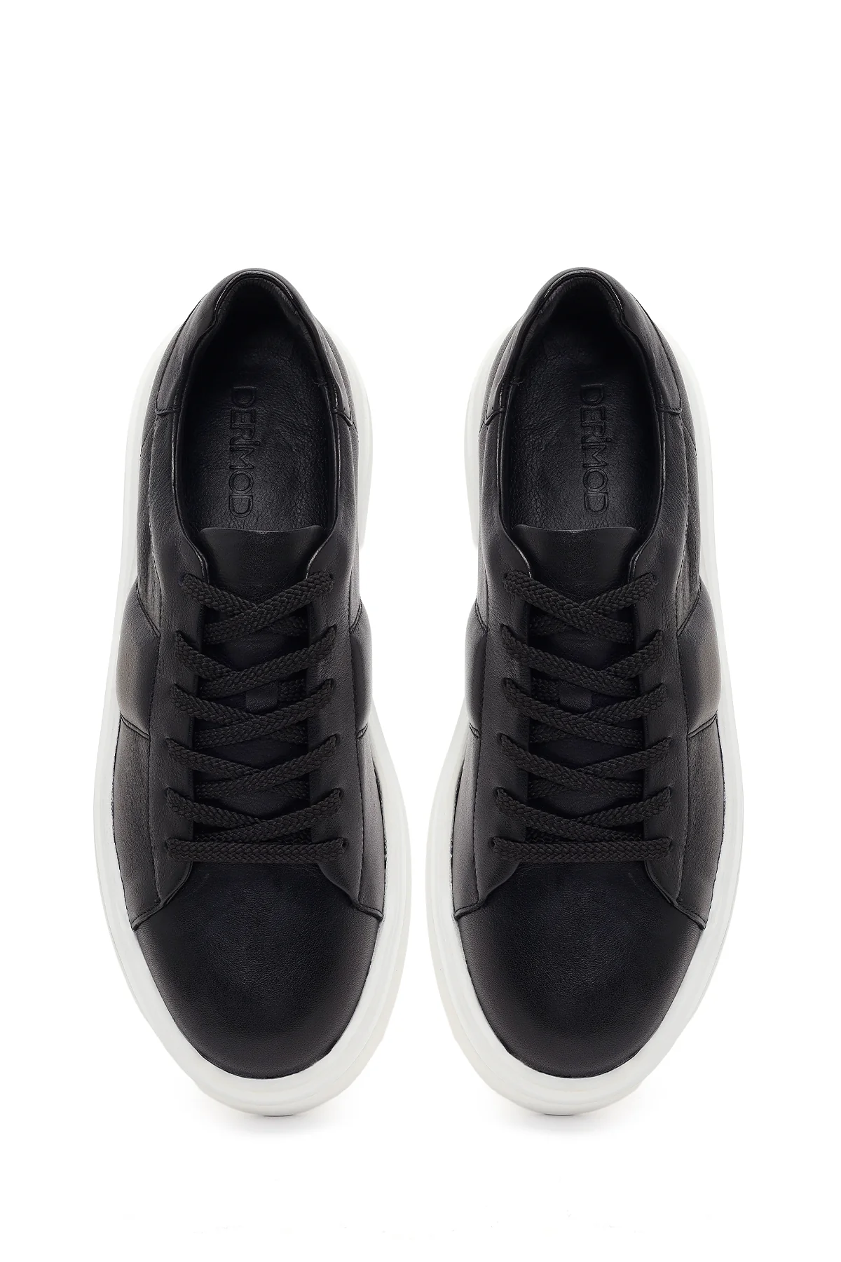 Erkek Siyah Bağcıklı Kalın Tabanlı Deri Sneaker - Image 4