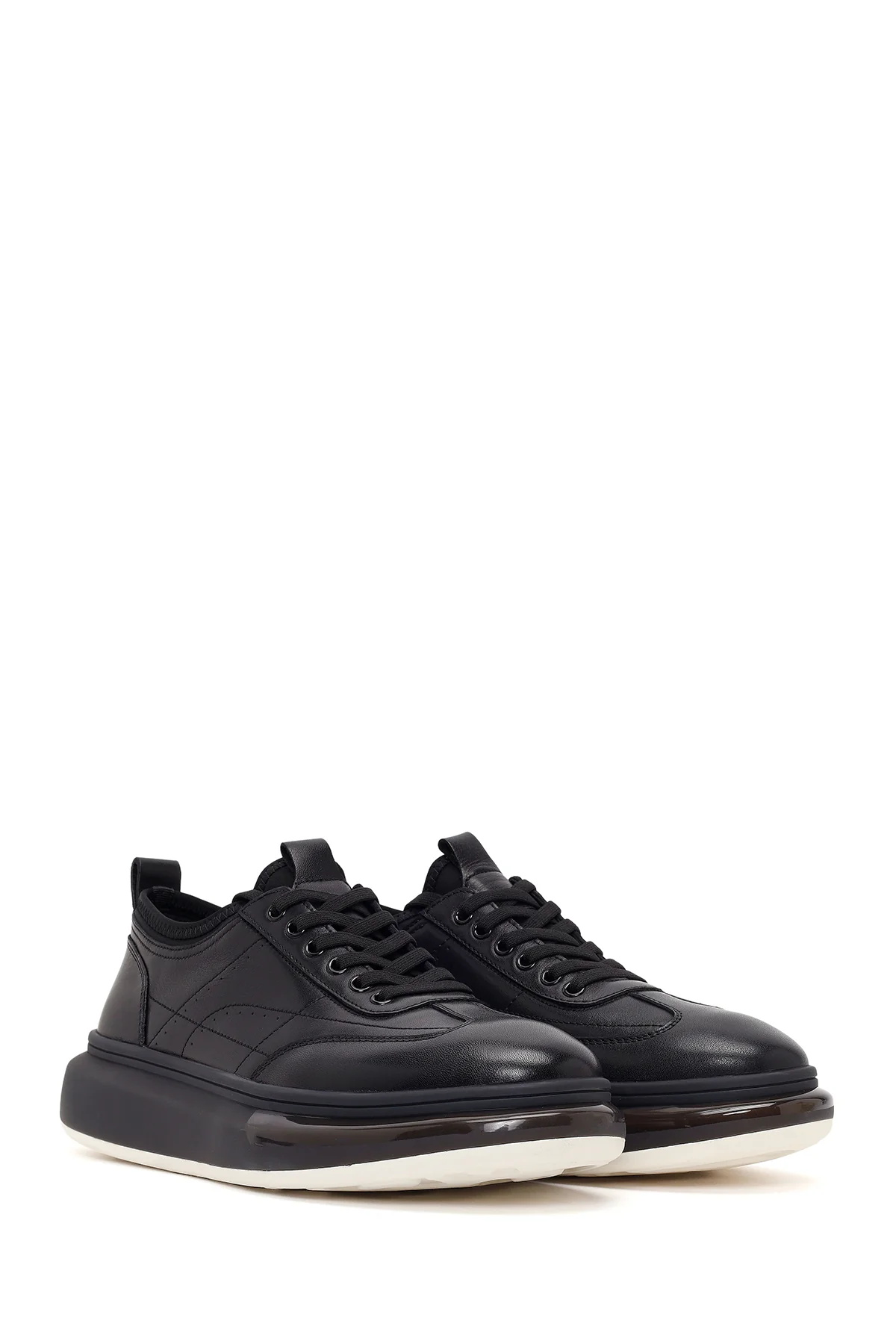 Erkek Siyah Bağcıklı Kalın Tabanlı Deri Sneaker - Image 2