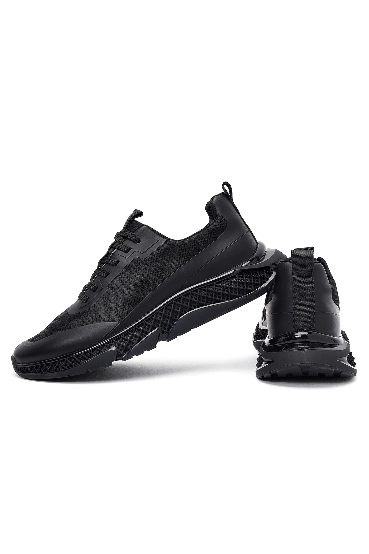 Erkek Siyah Bağcıklı Kalın Tabanlı Kumaş Sneaker - Image 10