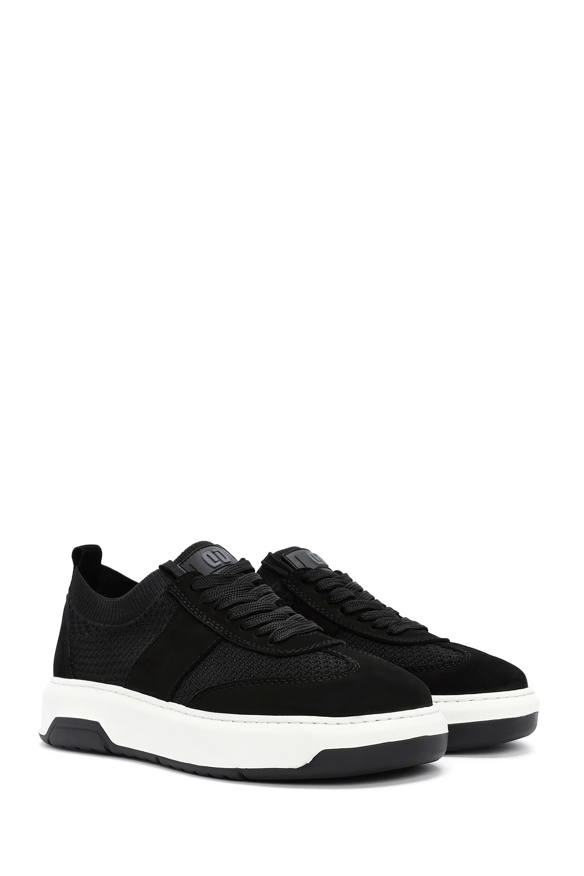 Erkek Siyah Deri Detaylı Bağcıklı Kumaş Sneaker - Image 3