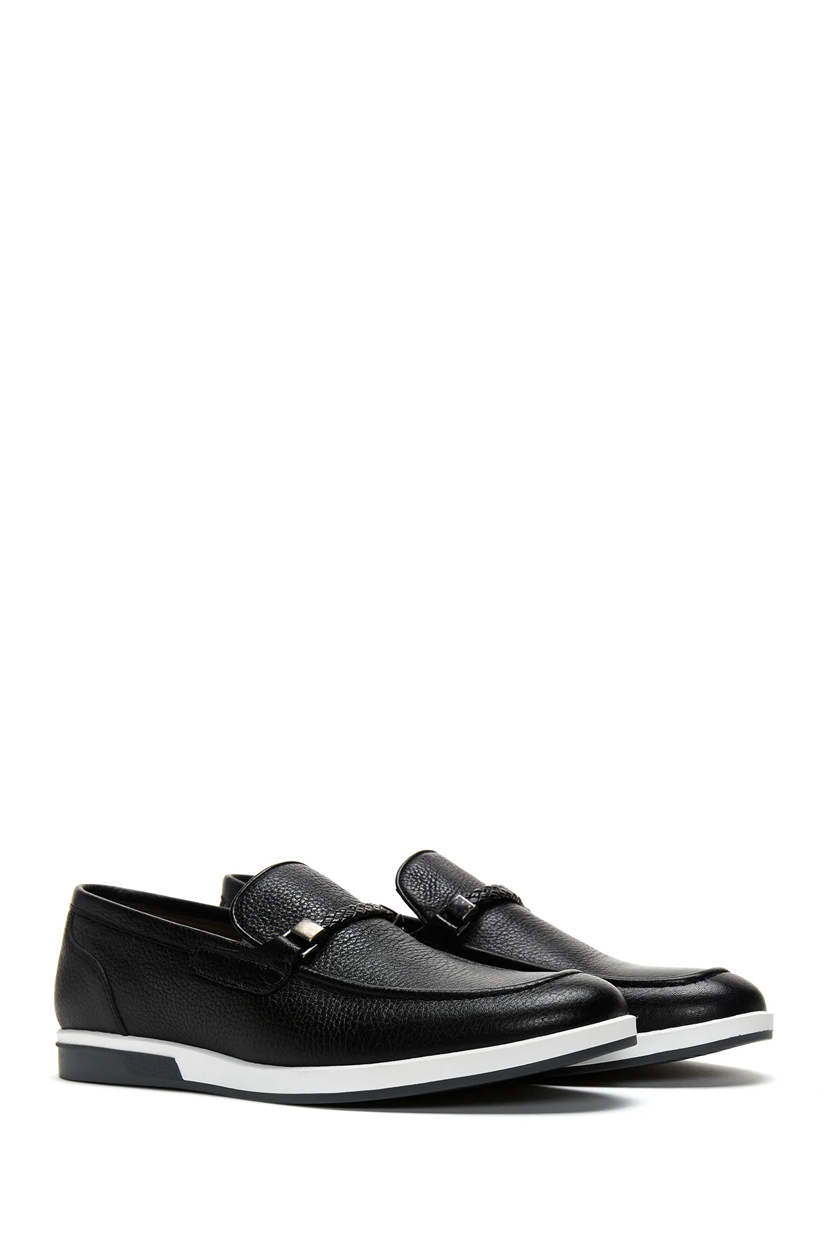 Erkek Siyah Deri Örgü Detaylı Casual Loafer - Image 3