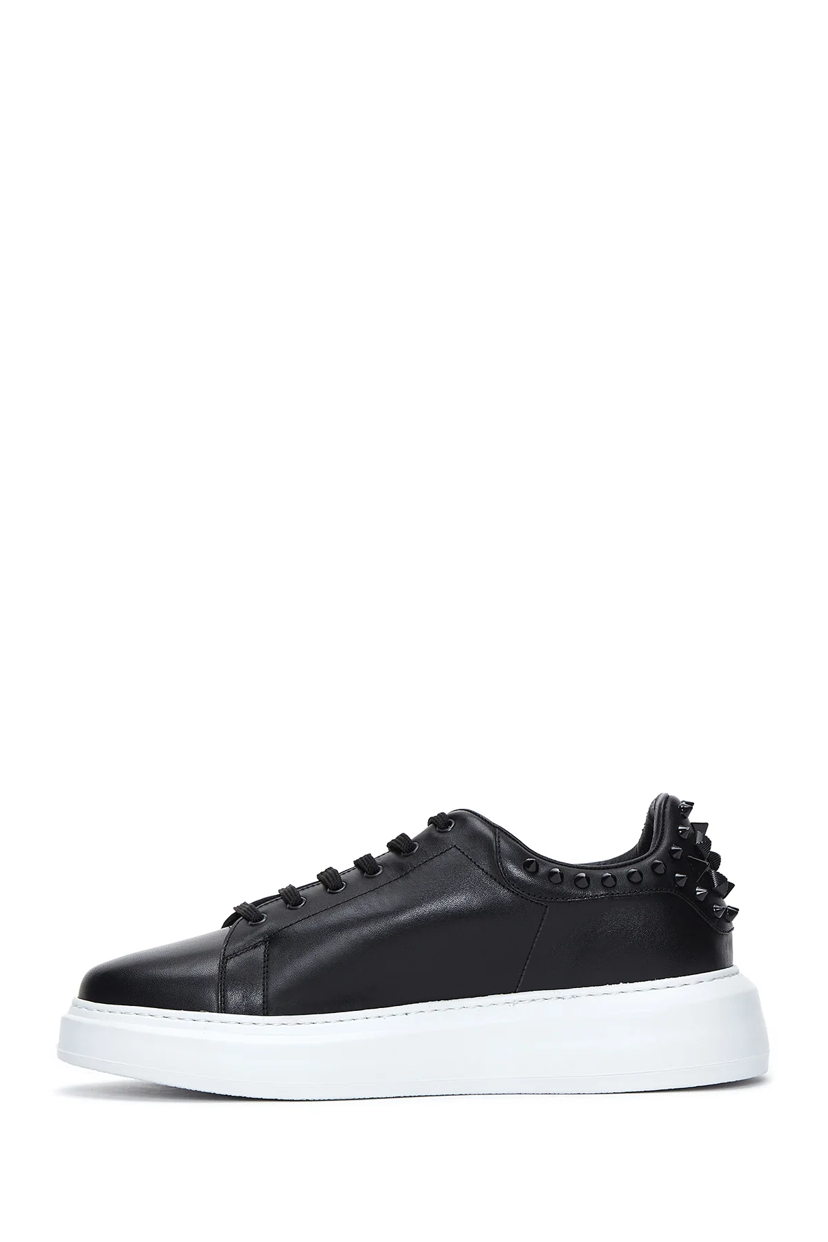 Erkek Siyah Deri Zımba Detaylı Kalın Tabanlı Sneaker - Image 2