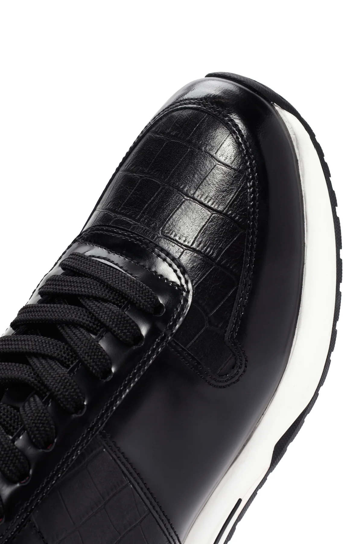 Erkek Siyah Kroko Desenli Bağcıklı Kalın Tabanlı Deri Sneaker - Image 10