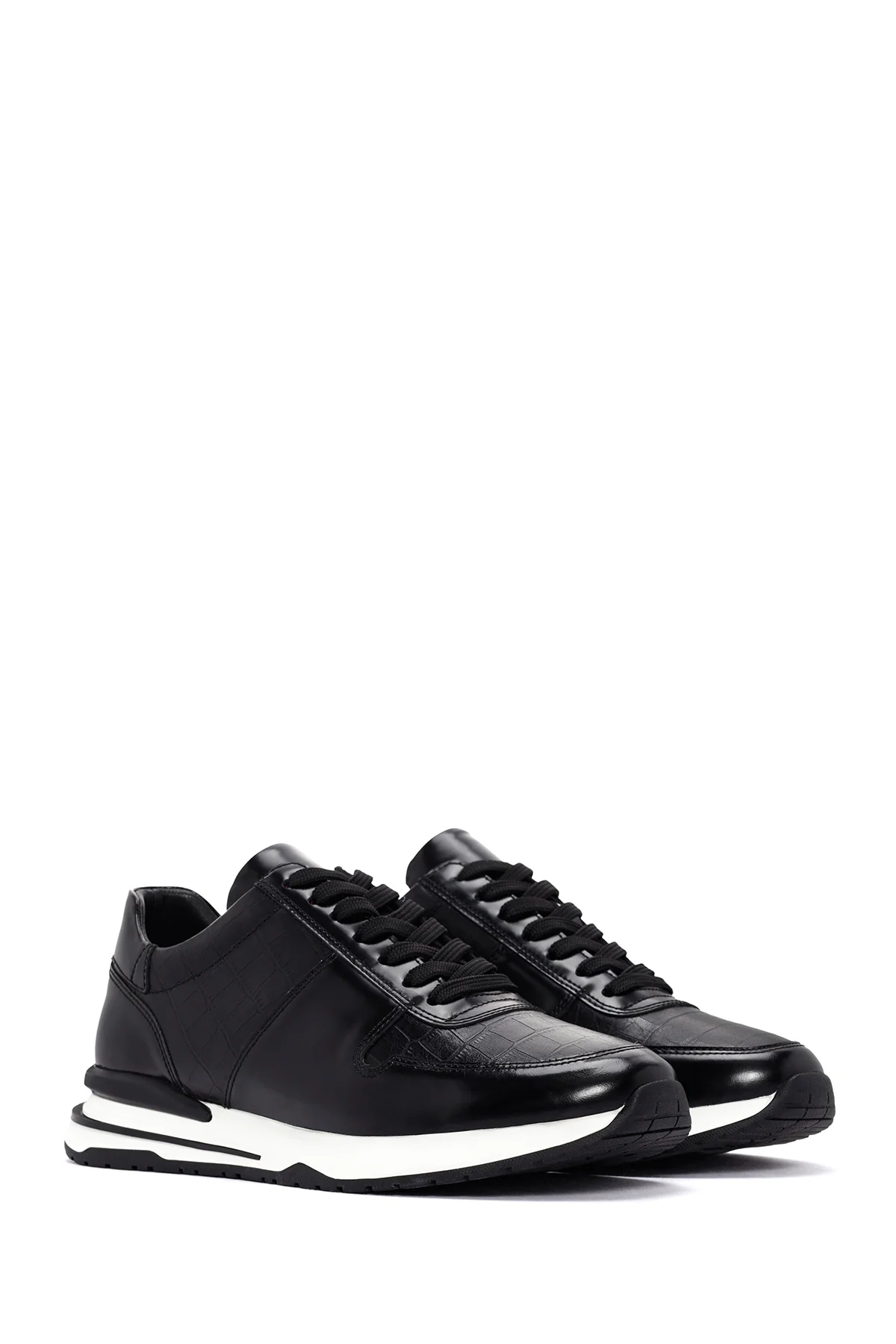 Erkek Siyah Kroko Desenli Bağcıklı Kalın Tabanlı Deri Sneaker - Image 3