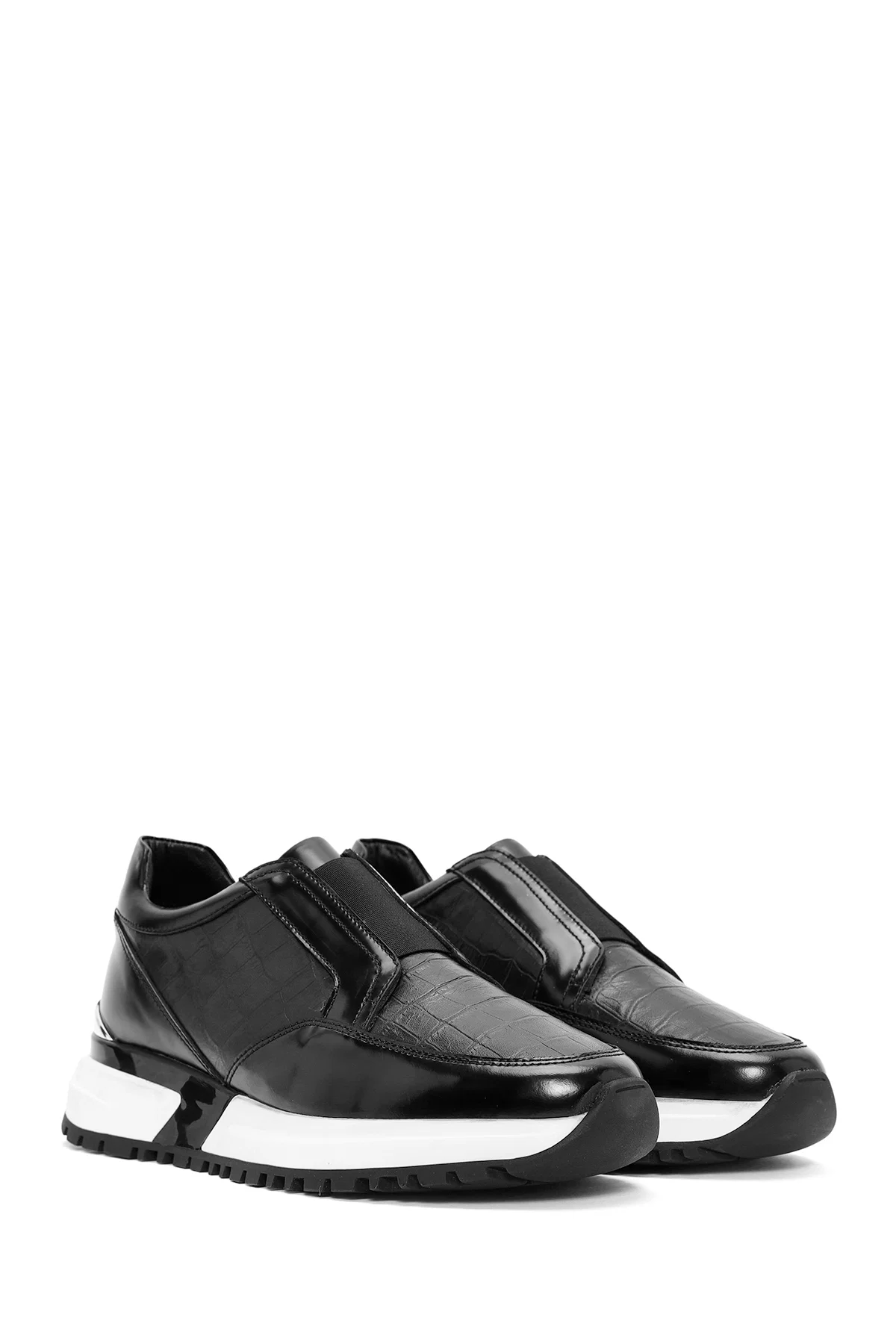 Erkek Siyah Kroko Desenli Deri Sneaker - Image 3