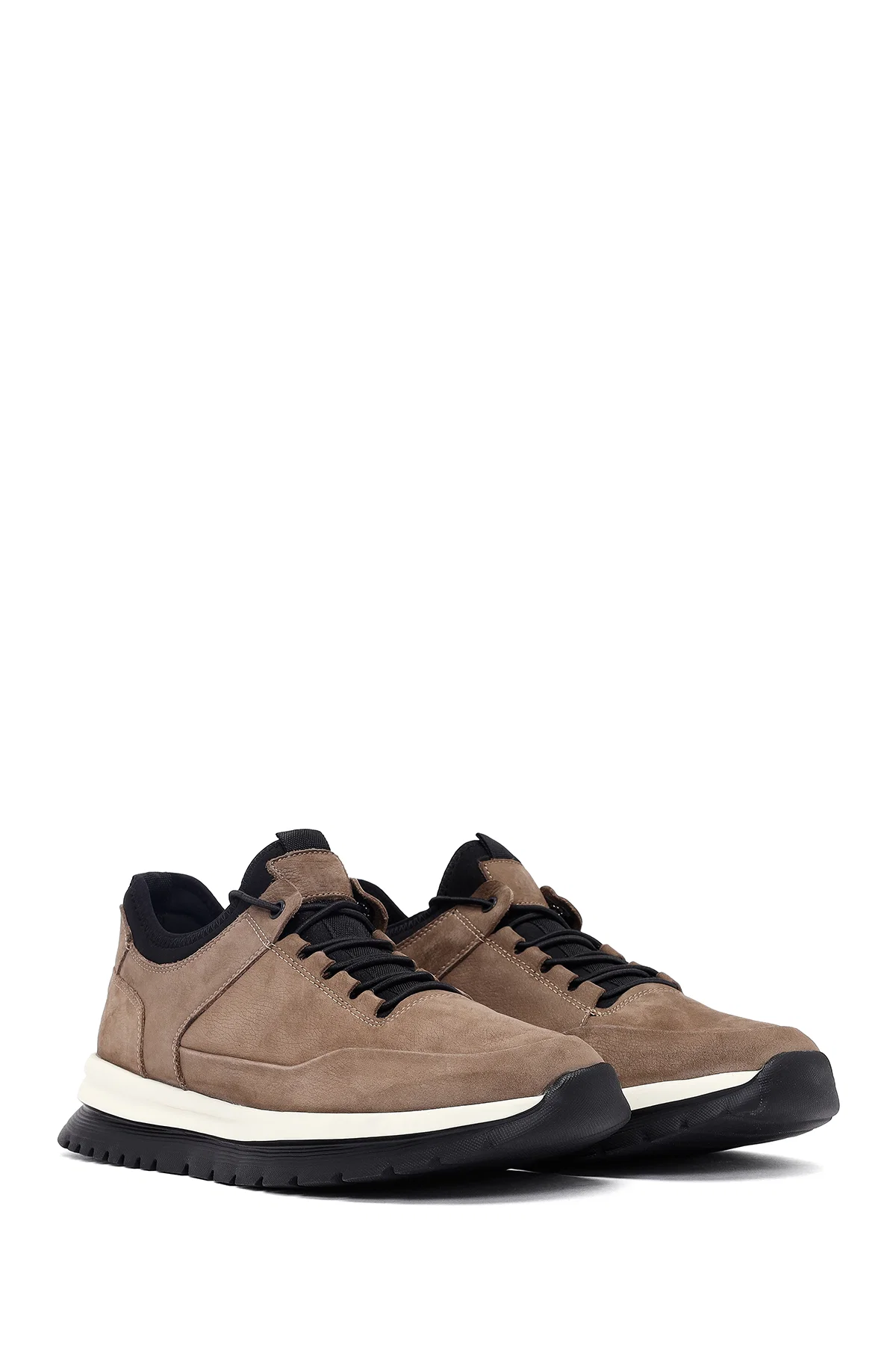 Erkek Vizon Bağcıklı Nubuk Deri Casual Sneaker - Image 3