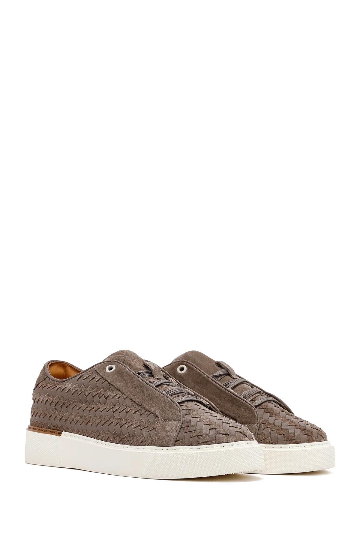 Erkek Vizon Bağcıklı Örgülü Kalın Tabanlı Deri Sneaker - Image 3