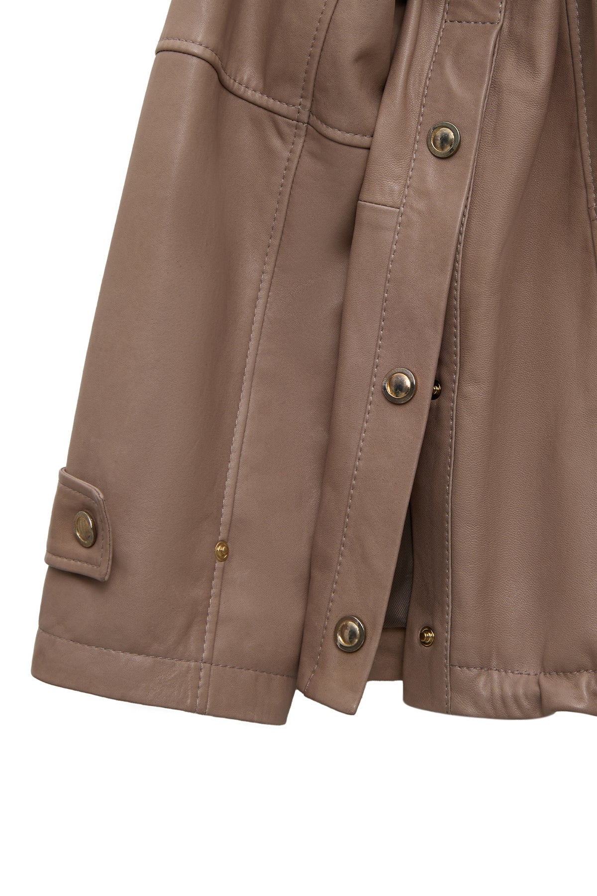 Fancy Kadın Bej Devrik Yaka Oversize Deri Mont - Image 5