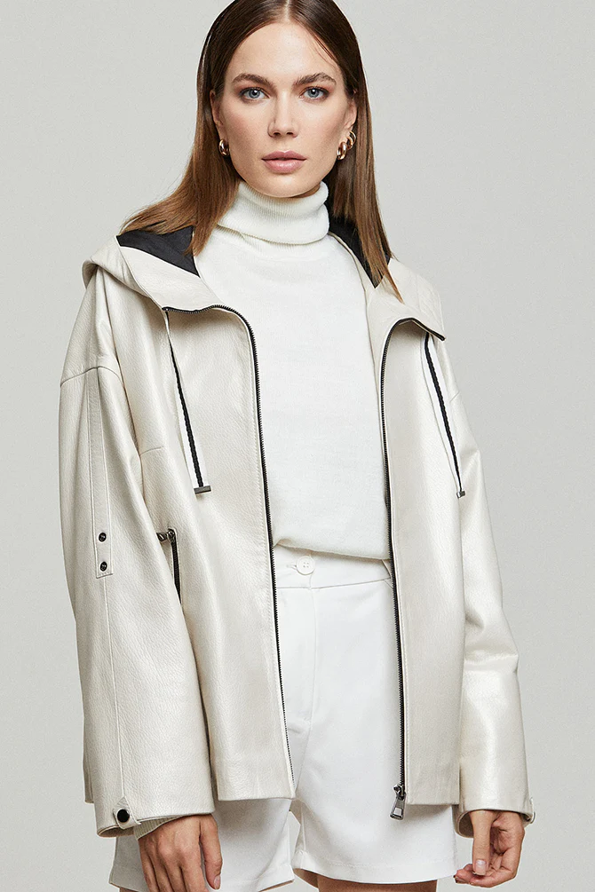 Jennifer Kadın Bej Kapüşonlu Oversize Deri Ceket - Image 4