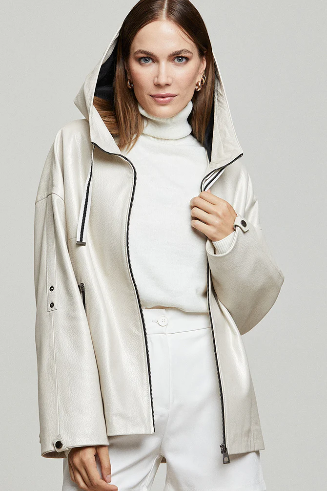 Jennifer Kadın Bej Kapüşonlu Oversize Deri Ceket - Image 5
