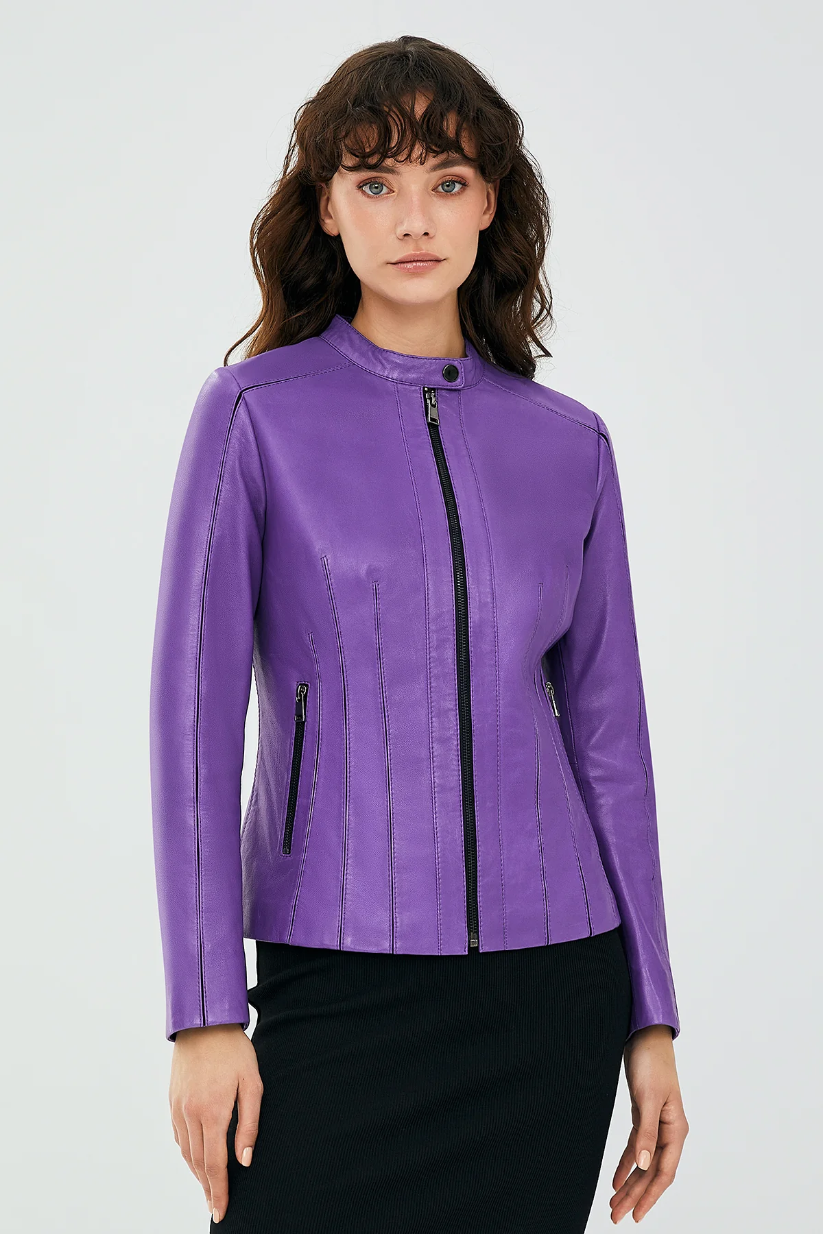 Joel Kadın Mor Slim-Fit Kısa Deri Ceket - Image 4