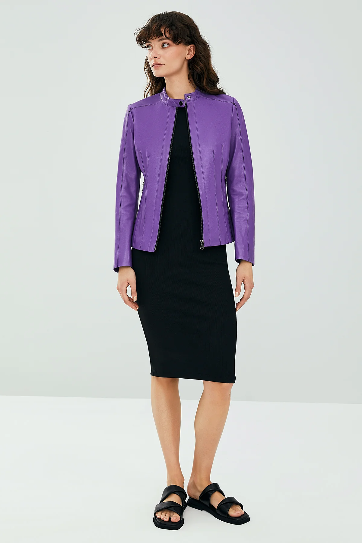 Joel Kadın Mor Slim-Fit Kısa Deri Ceket - Image 7