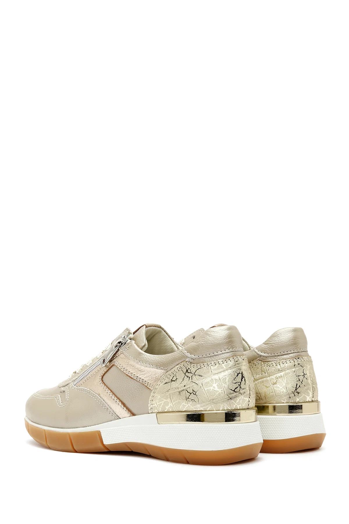 Kadın Altın Bağcıklı Yandan Fermuarlı Deri Sneaker - Image 5