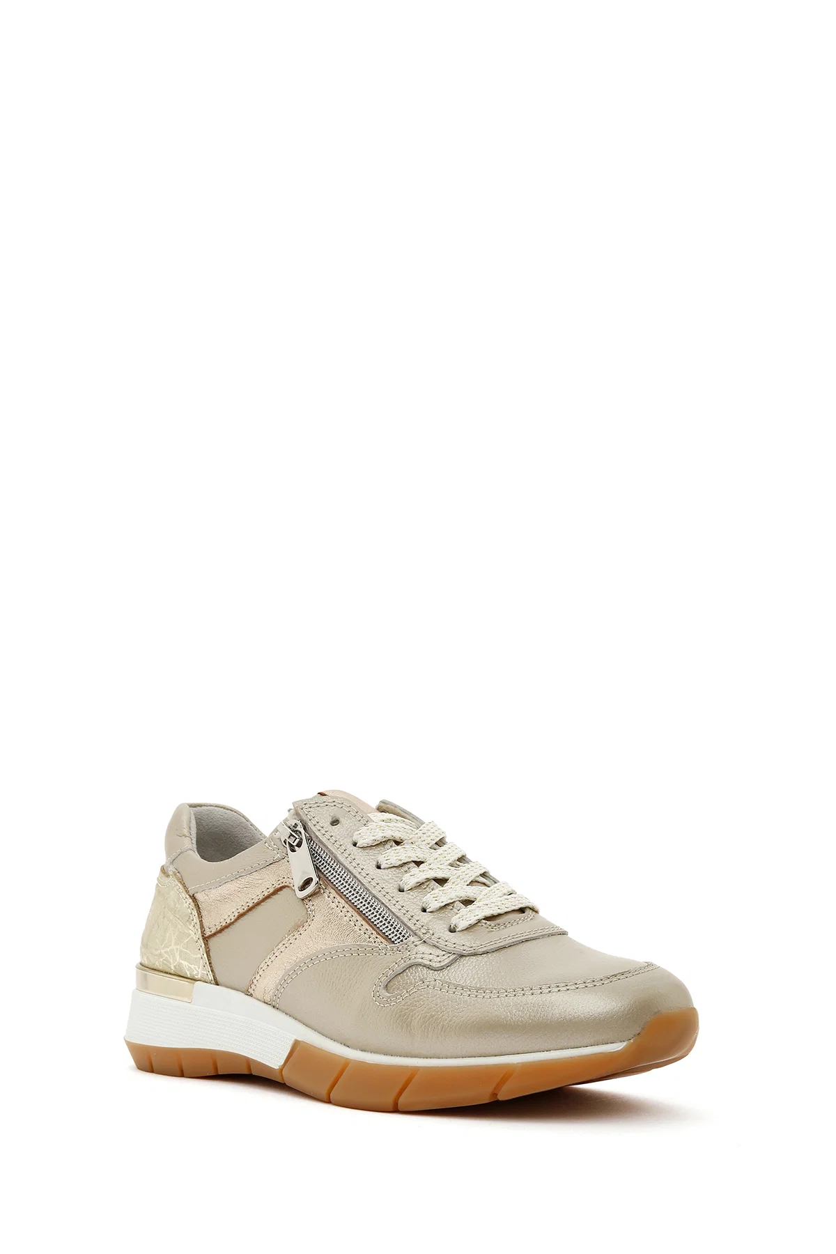 Kadın Altın Bağcıklı Yandan Fermuarlı Deri Sneaker - Image 6