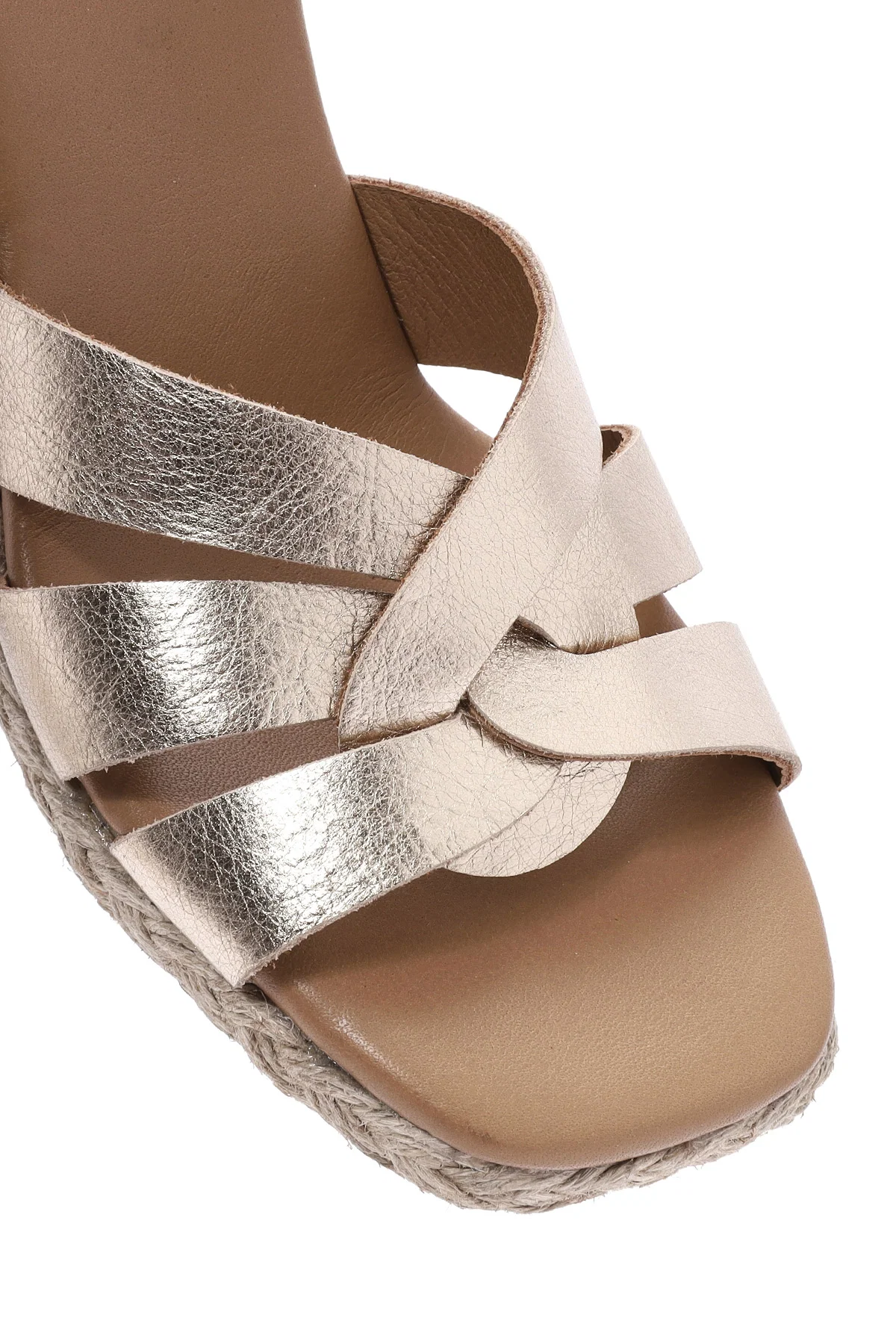 Kadın Altın Bilekten Tokalı Dolgu Topuklu Metalik Deri Espadril Sandalet - Image 10