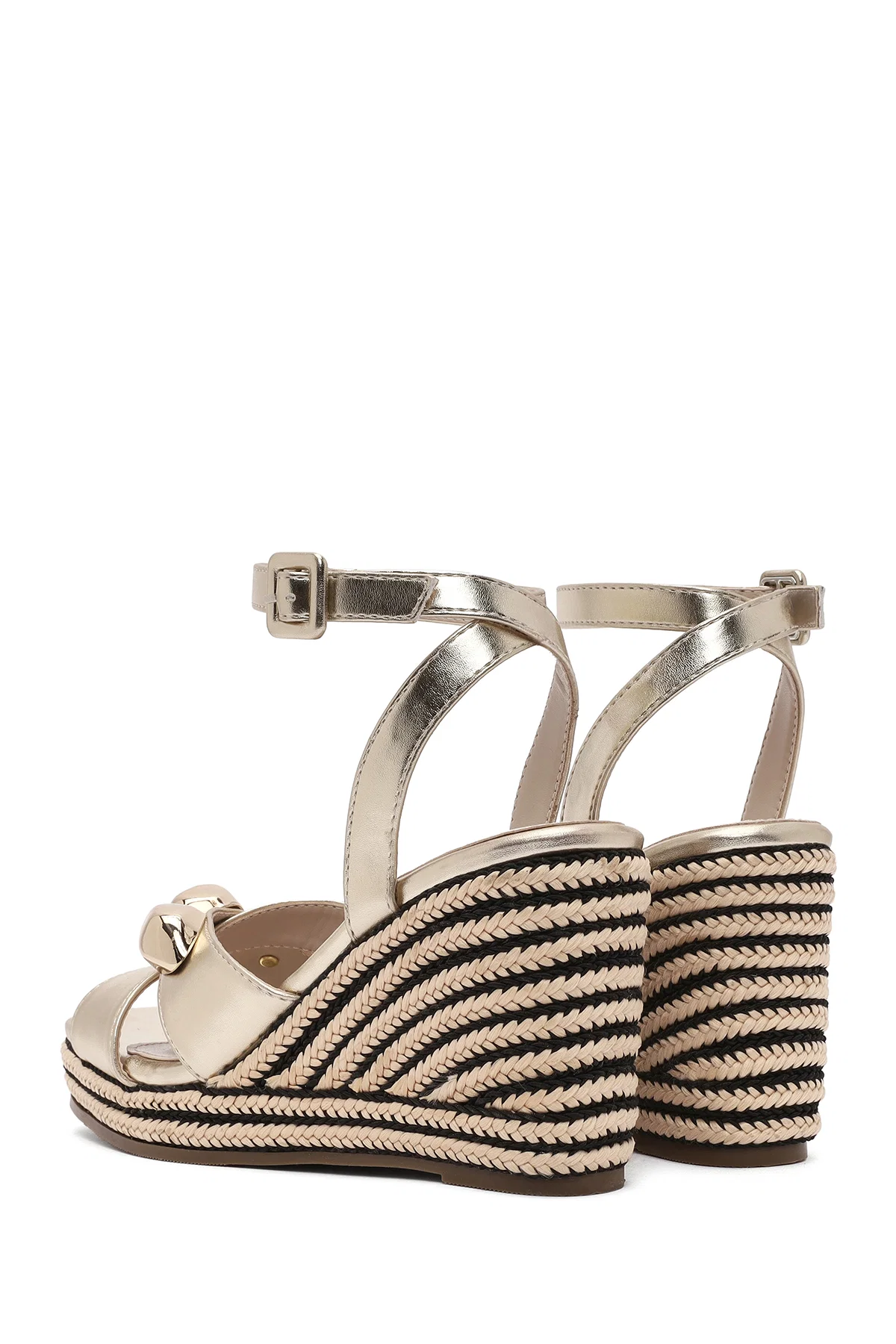 Kadın Altın Bilekten Tokalı Dolgu Topuklu Metalik Espadril Sandalet - Image 6