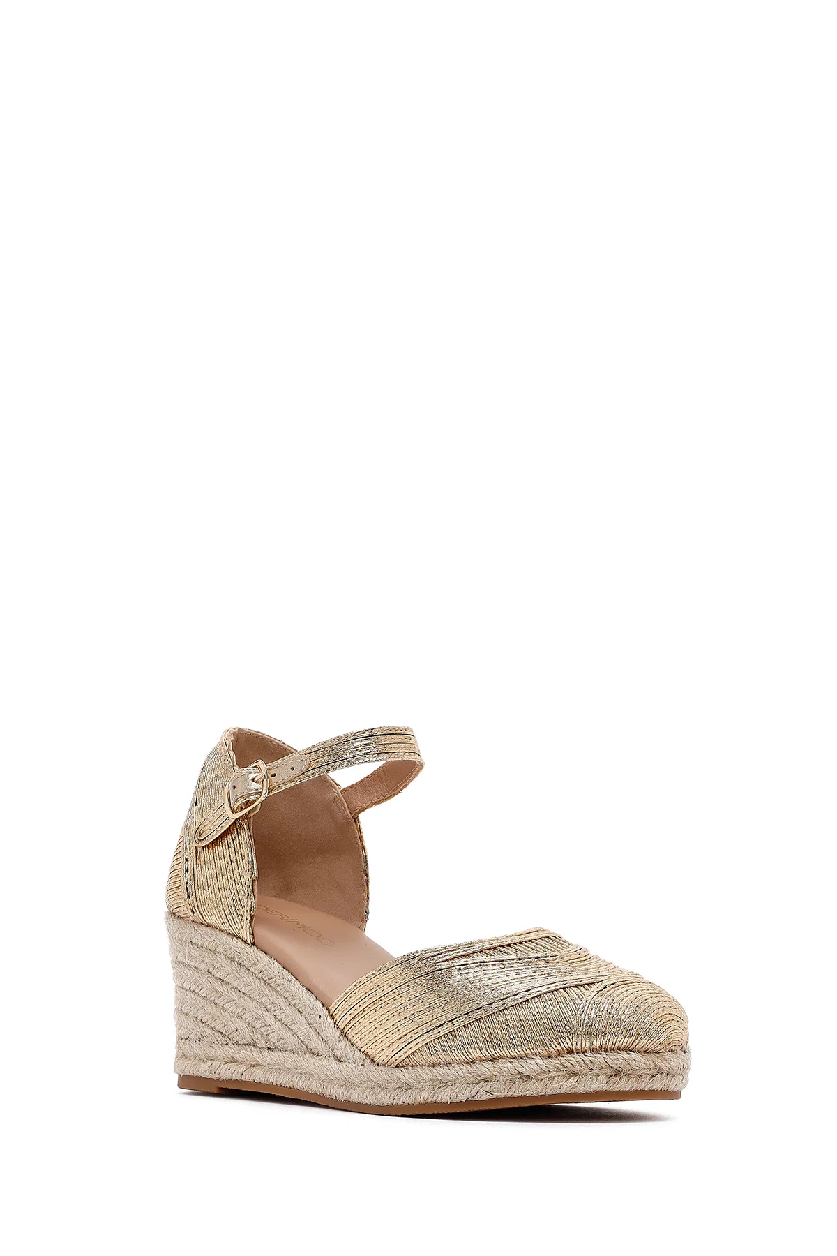Kadın Altın Bilekten Tokalı Metalik Dolgu Topuklu Espadril - Image 7