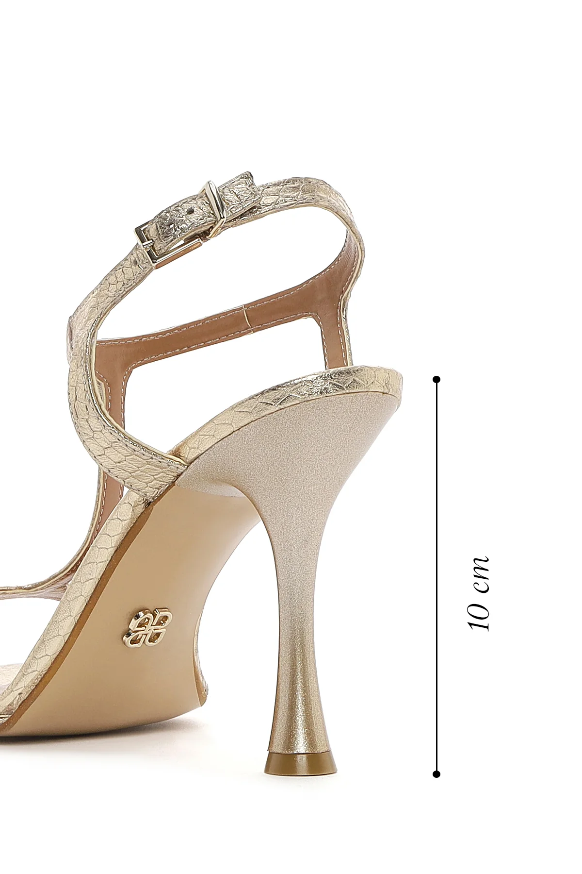 Kadın Altın Metalik Desenli Yüksek İnce Topuklu Deri Sandalet - Image 4