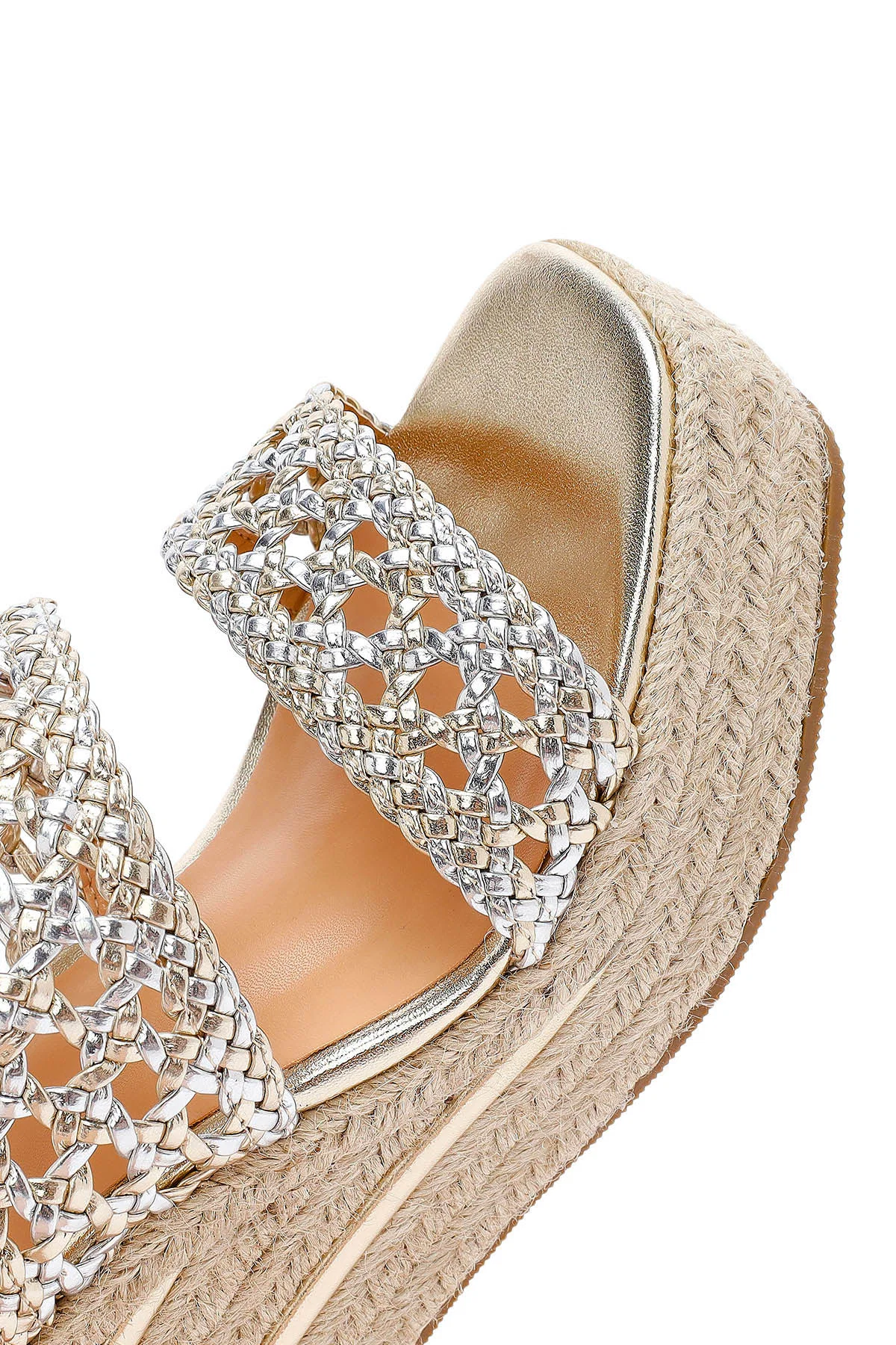 Kadın Altın Örgü Bilekten Tokalı Dolgu Topuklu Espadril Sandalet - Image 11