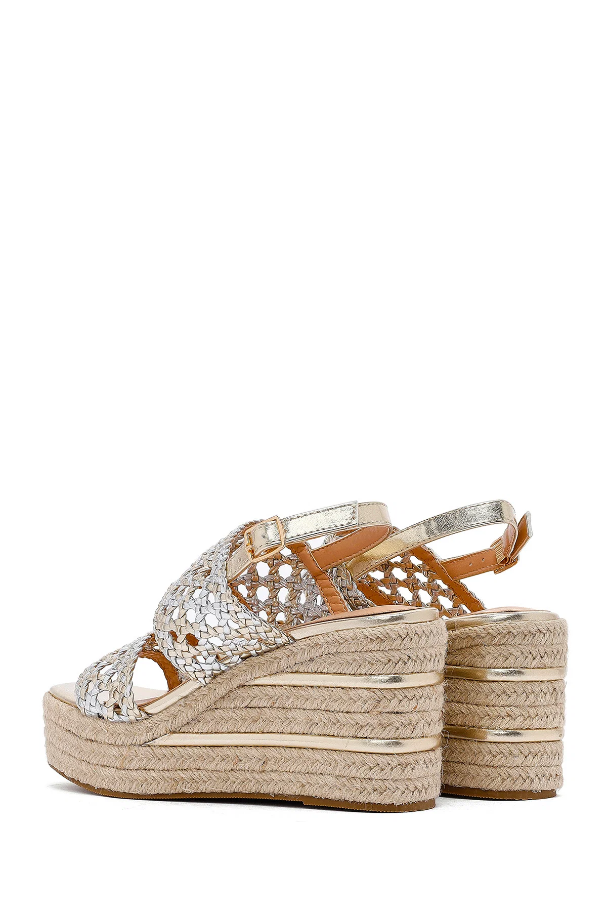 Kadın Altın Örgü Bilekten Tokalı Dolgu Topuklu Espadril Sandalet - Image 6