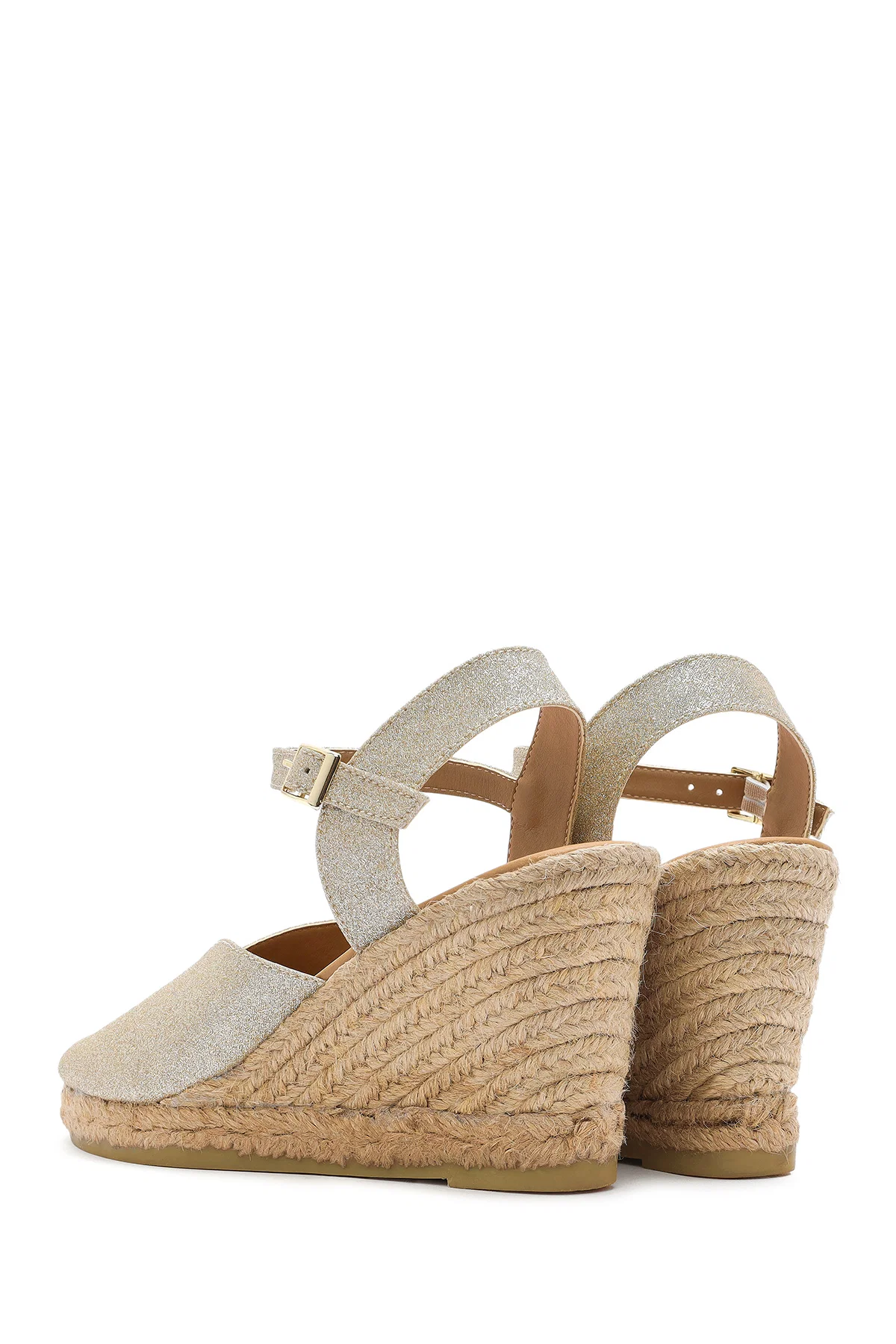 Kadın Altın Simli Bilekten Tokalı Dolgu Topuklu Espadril Sandalet - Image 6