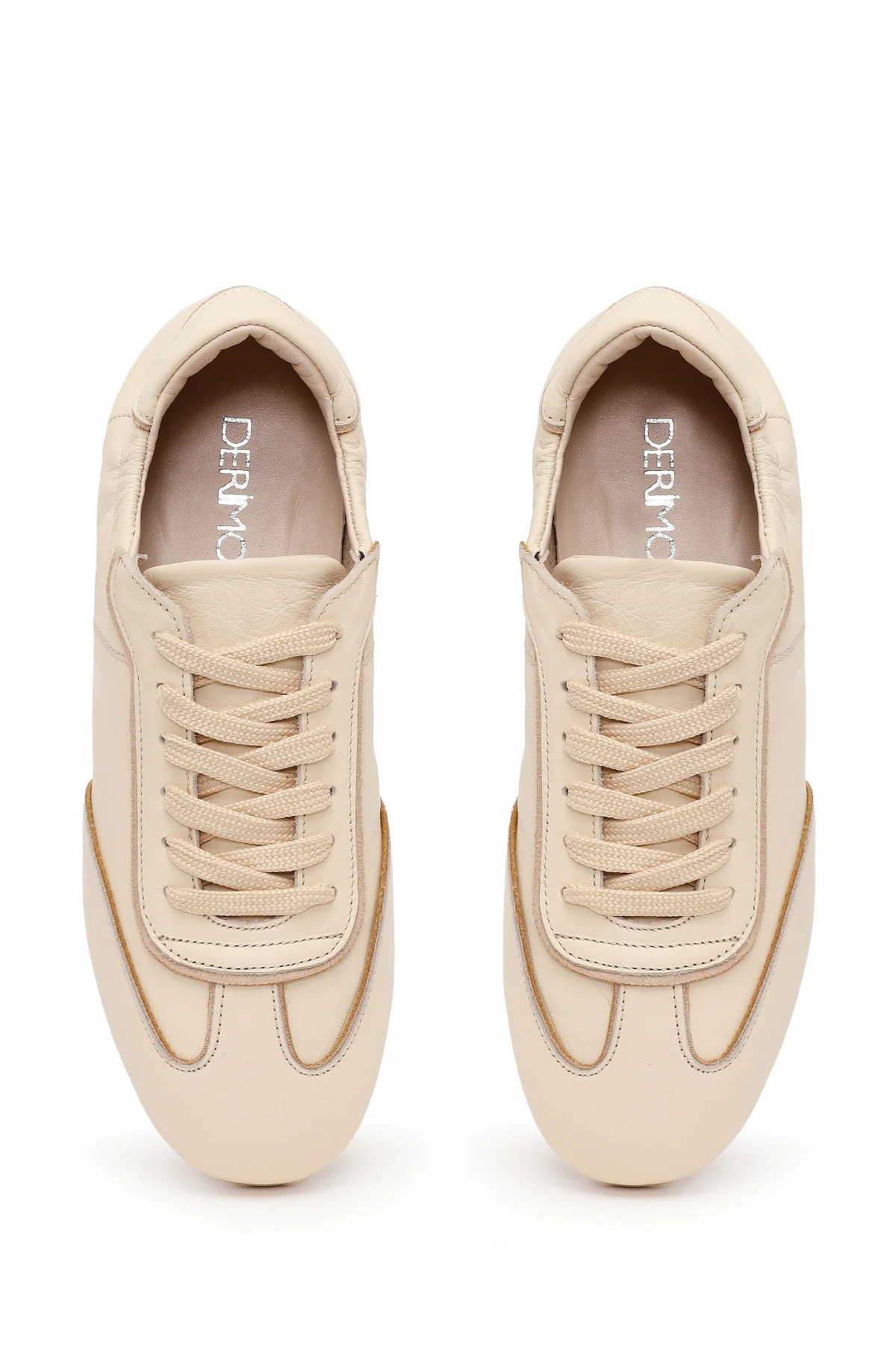 Kadın Bej Bağcıklı Deri Sneaker - Image 4