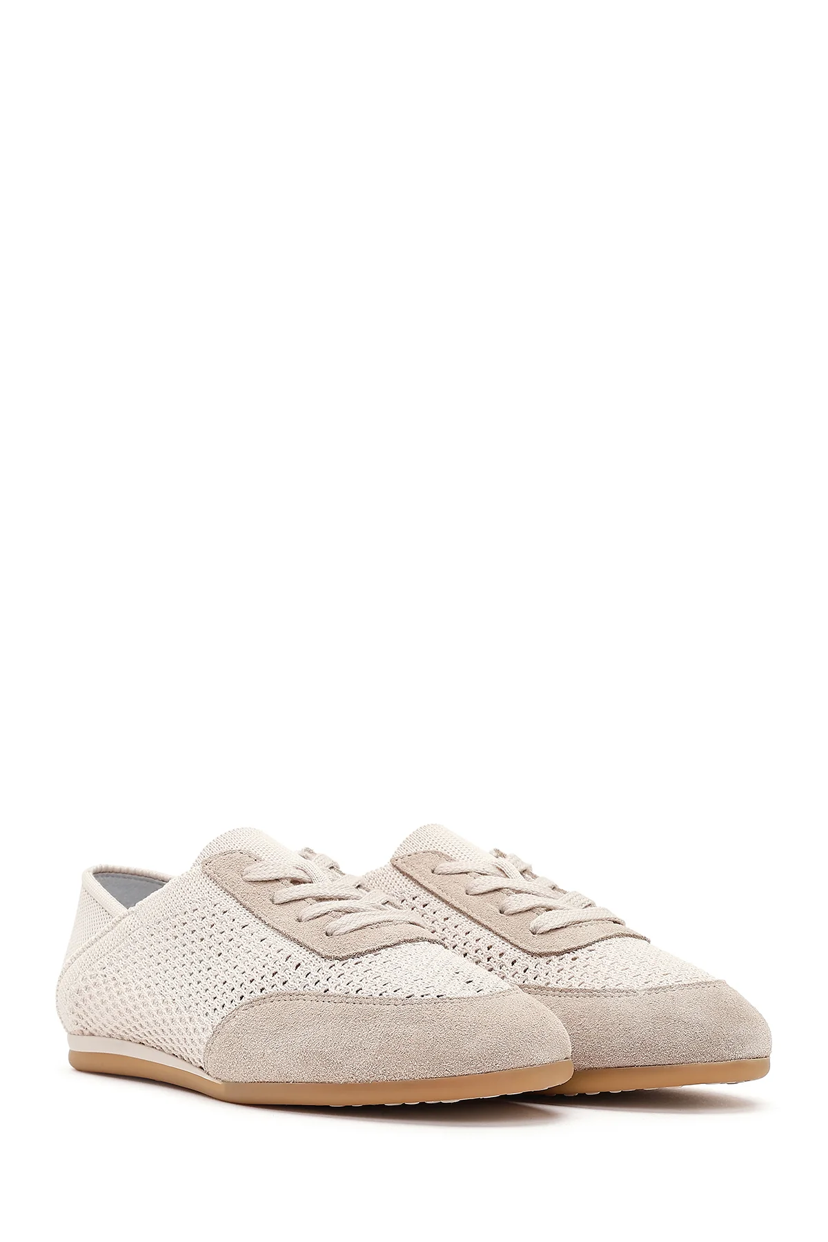 Kadın Bej Bağcıklı Deri Sneaker - Image 3