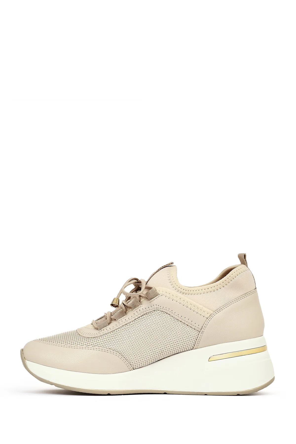 Kadın Bej Bağcıklı Dolgu Topuklu Sneaker - Image 3