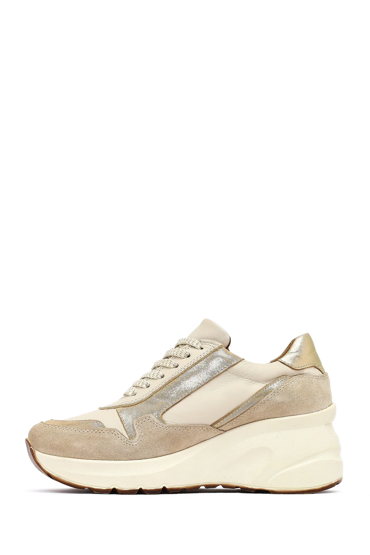 Kadın Bej Bağcıklı Fermuar Detaylı Dolgu Topuklu Deri Sneaker - Image 2