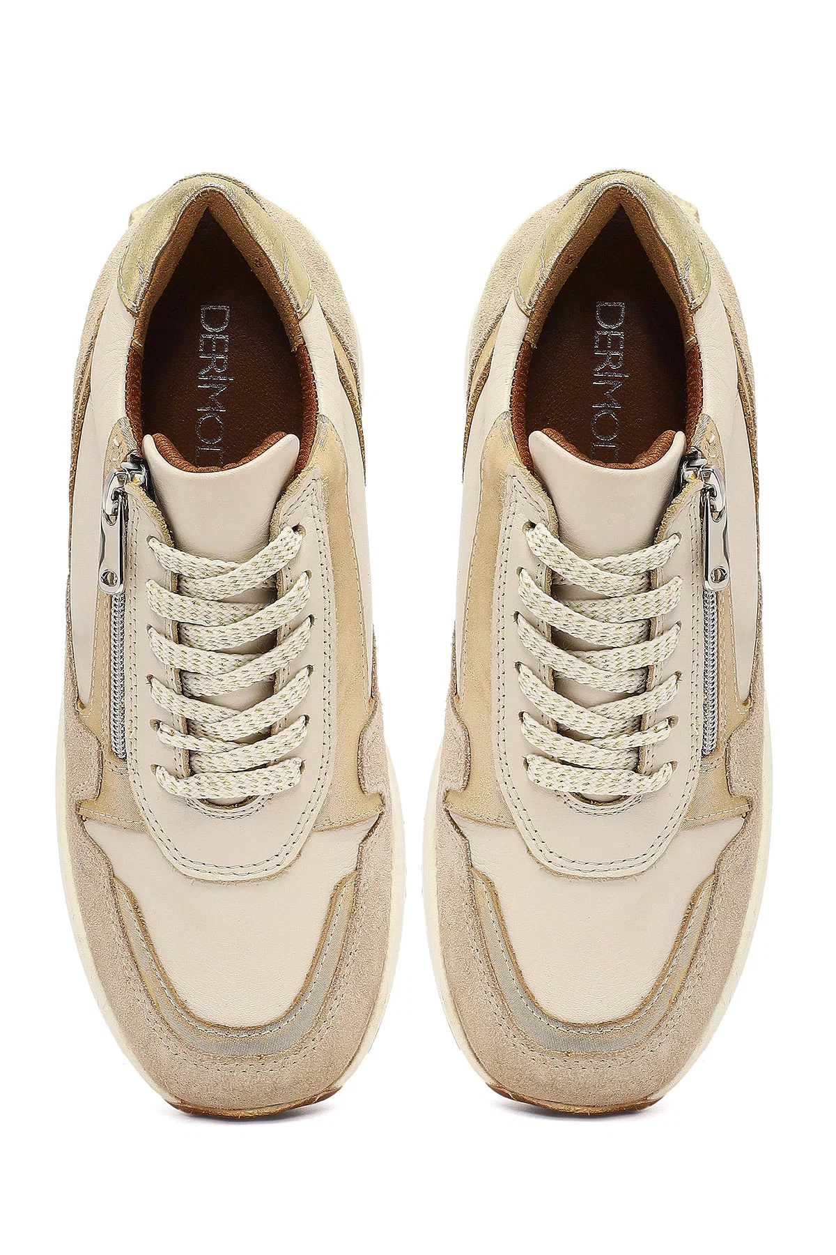 Kadın Bej Bağcıklı Fermuar Detaylı Dolgu Topuklu Deri Sneaker - Image 7