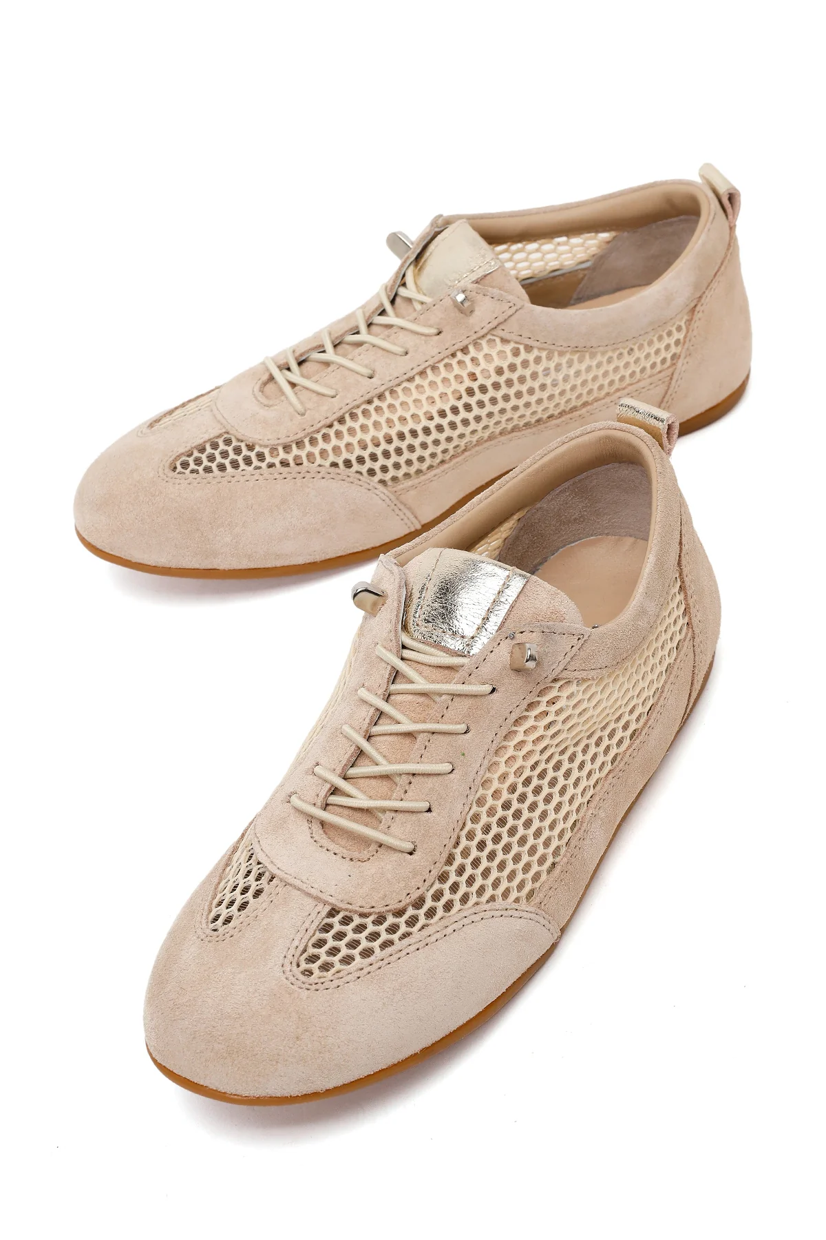 Kadın Bej Bağcıklı Fileli Deri Sneaker - Image 10