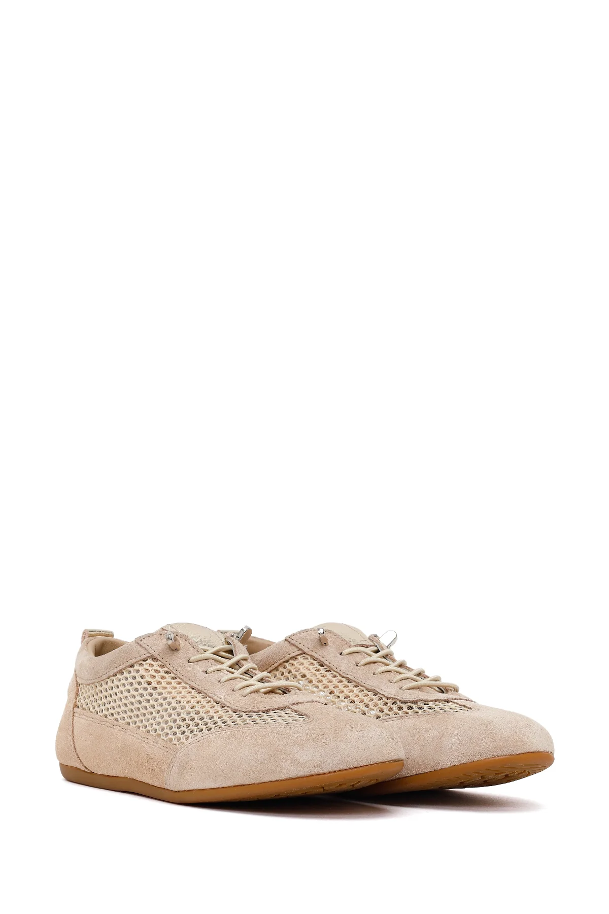 Kadın Bej Bağcıklı Fileli Deri Sneaker - Image 2