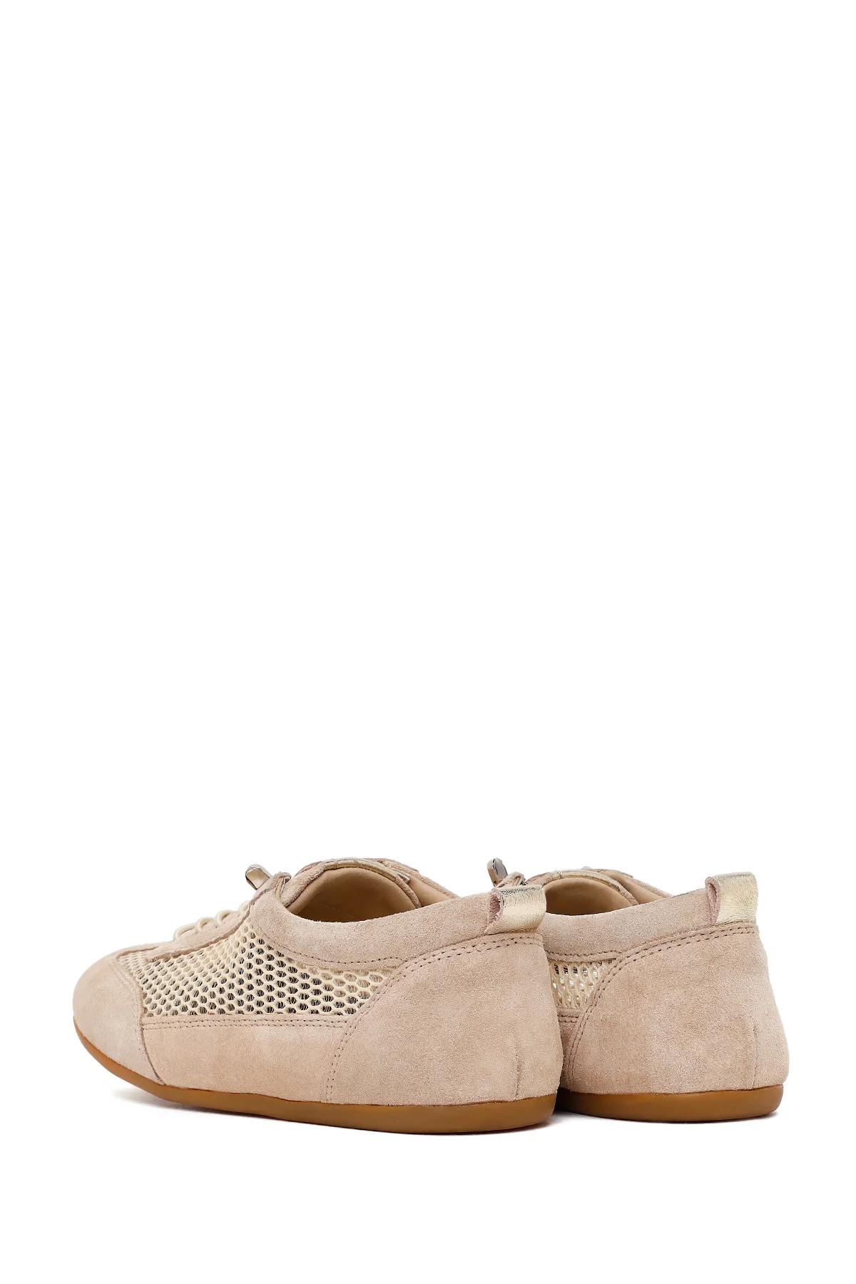 Kadın Bej Bağcıklı Fileli Deri Sneaker - Image 6