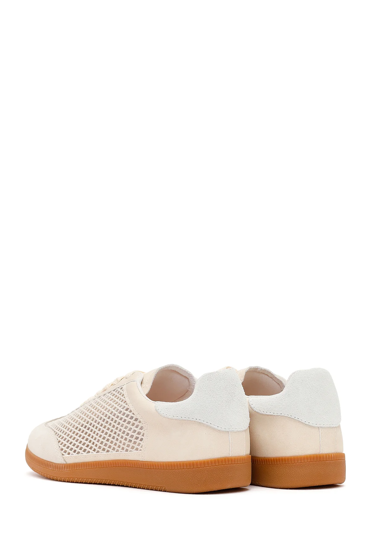 Kadın Bej Bağcıklı Fileli Süet Deri Sneaker - Image 6