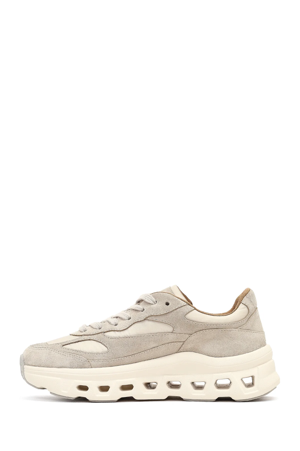 Kadın Bej Bağcıklı Kalın Tabanlı Deri Sneaker - Image 4