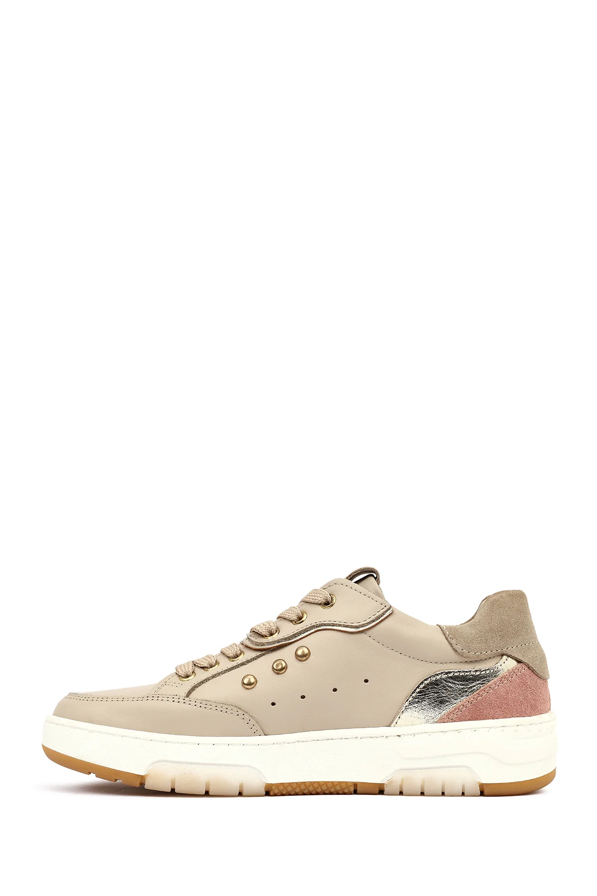 Kadın Bej Bağcıklı Kalın Tabanlı Deri Sneaker - Image 2