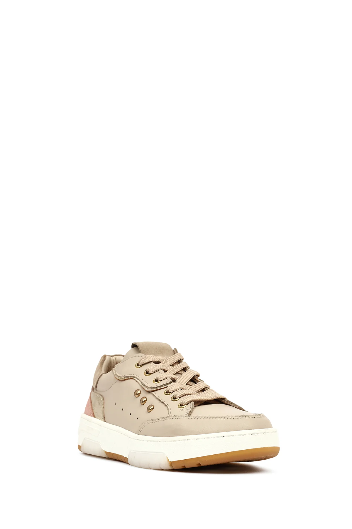 Kadın Bej Bağcıklı Kalın Tabanlı Deri Sneaker - Image 6